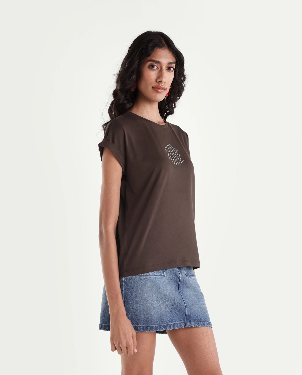 Rareism Women's Pimzu Dark Maroon Cotton Blend Crew Neck Relaxed Typography Print T-Shirt