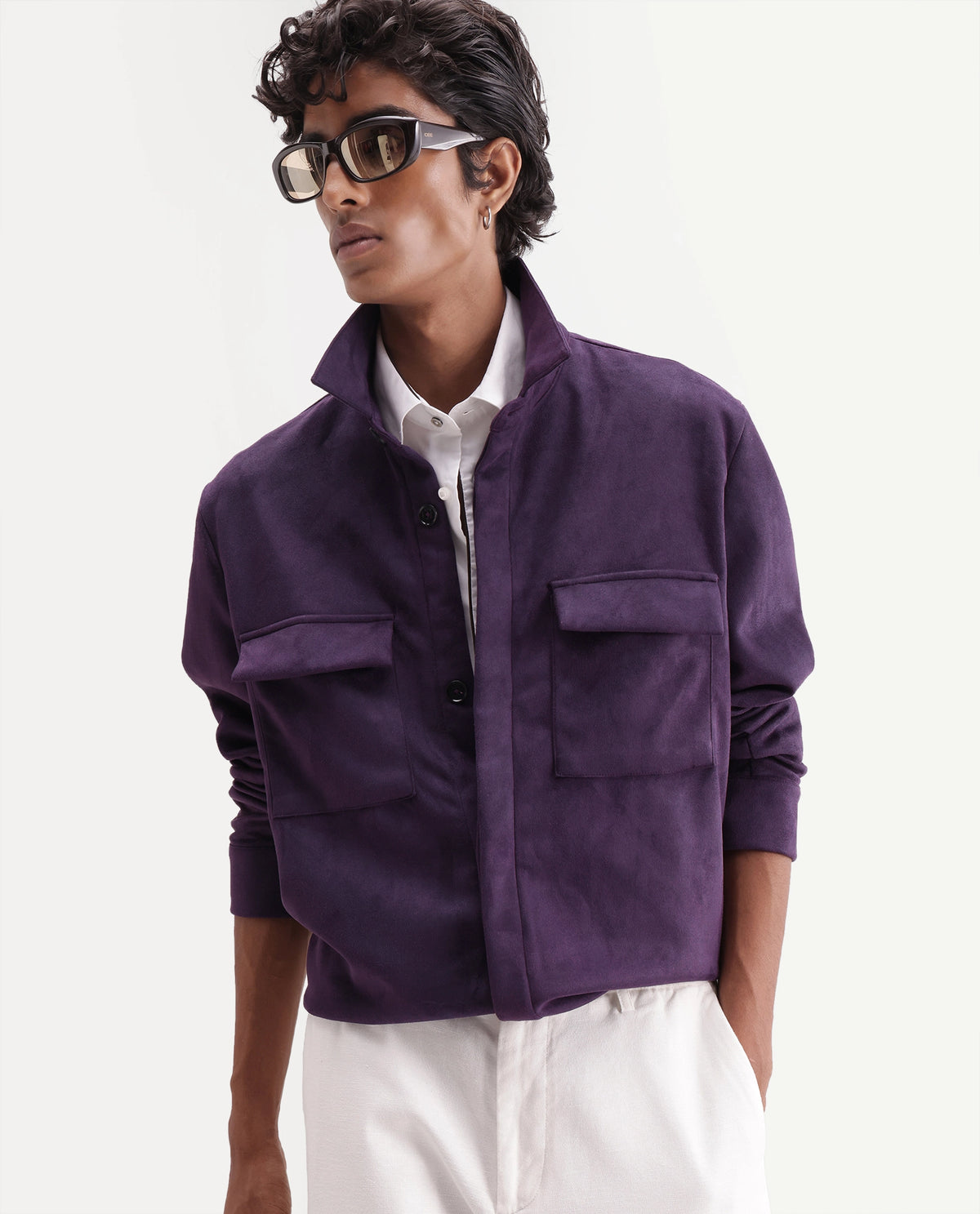 Rare Rabbit Men's Delk-26 Dark Purple Polyester Blend Spread Collar Button Regular Plain Jacket