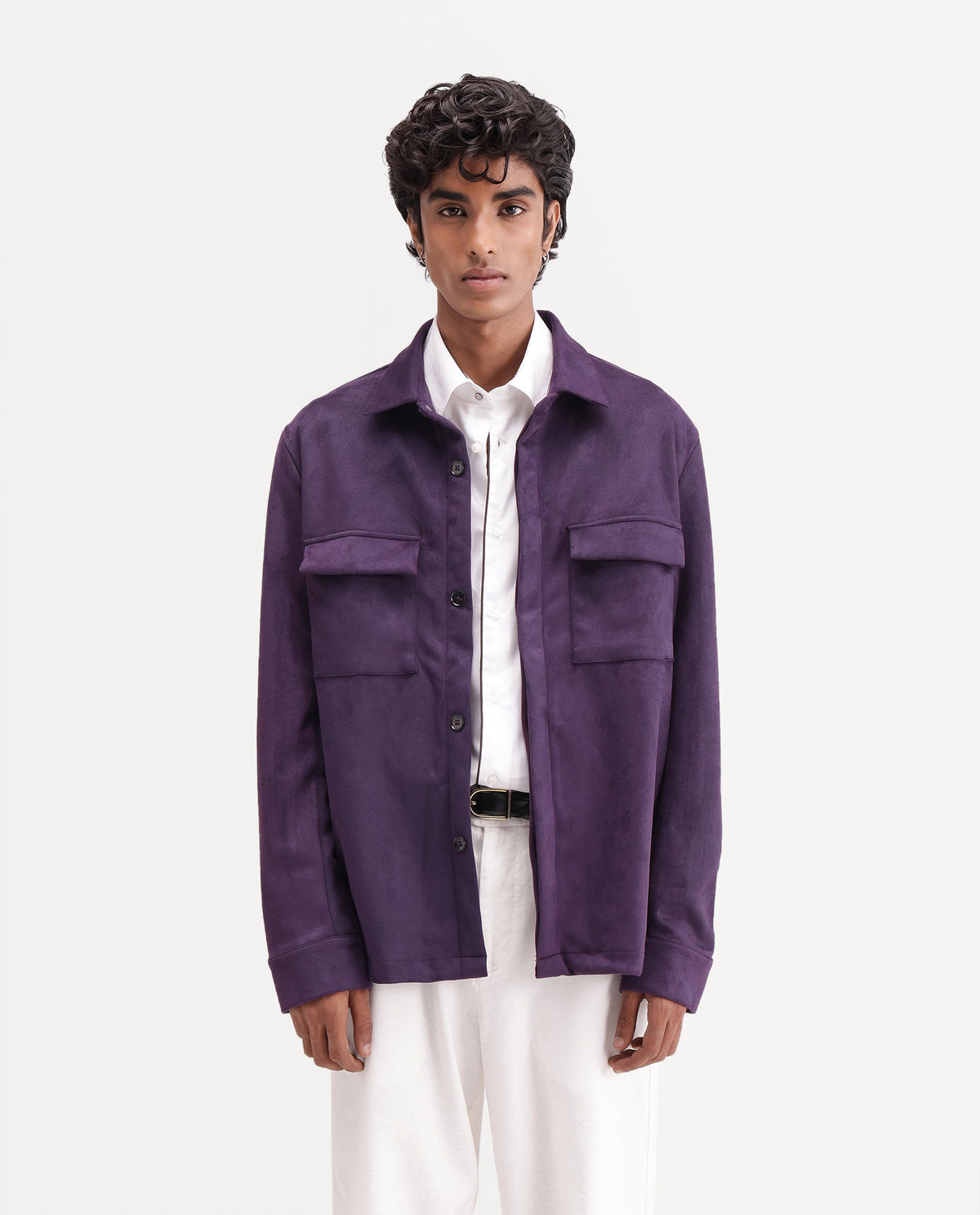 Rare Rabbit Men's Delk-26 Dark Purple Polyester Blend Spread Collar Button Regular Plain Jacket