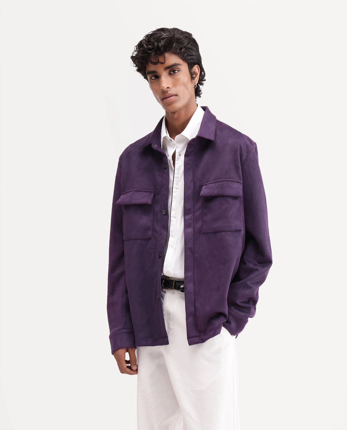 Rare Rabbit Men's Delk-26 Dark Purple Polyester Blend Spread Collar Button Regular Plain Jacket