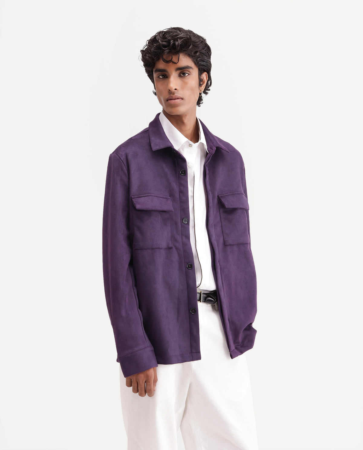Rare Rabbit Men's Delk-26 Dark Purple Polyester Blend Spread Collar Button Regular Plain Jacket