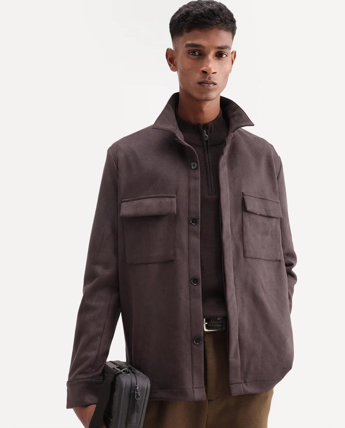 Rare Rabbit Men's Delk-26 Dark Brown Polyester Blend Spread Collar Button Regular Plain Jacket