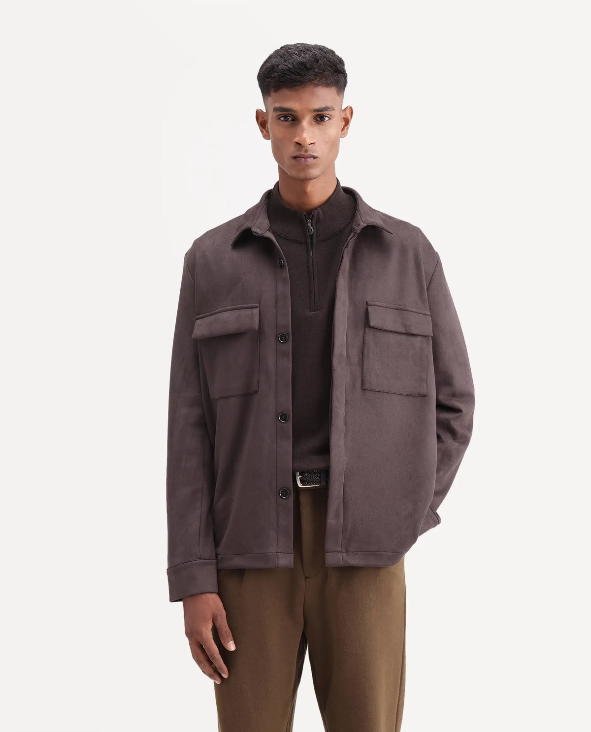 Rare Rabbit Men's Delk-26 Dark Brown Polyester Blend Spread Collar Button Regular Plain Jacket