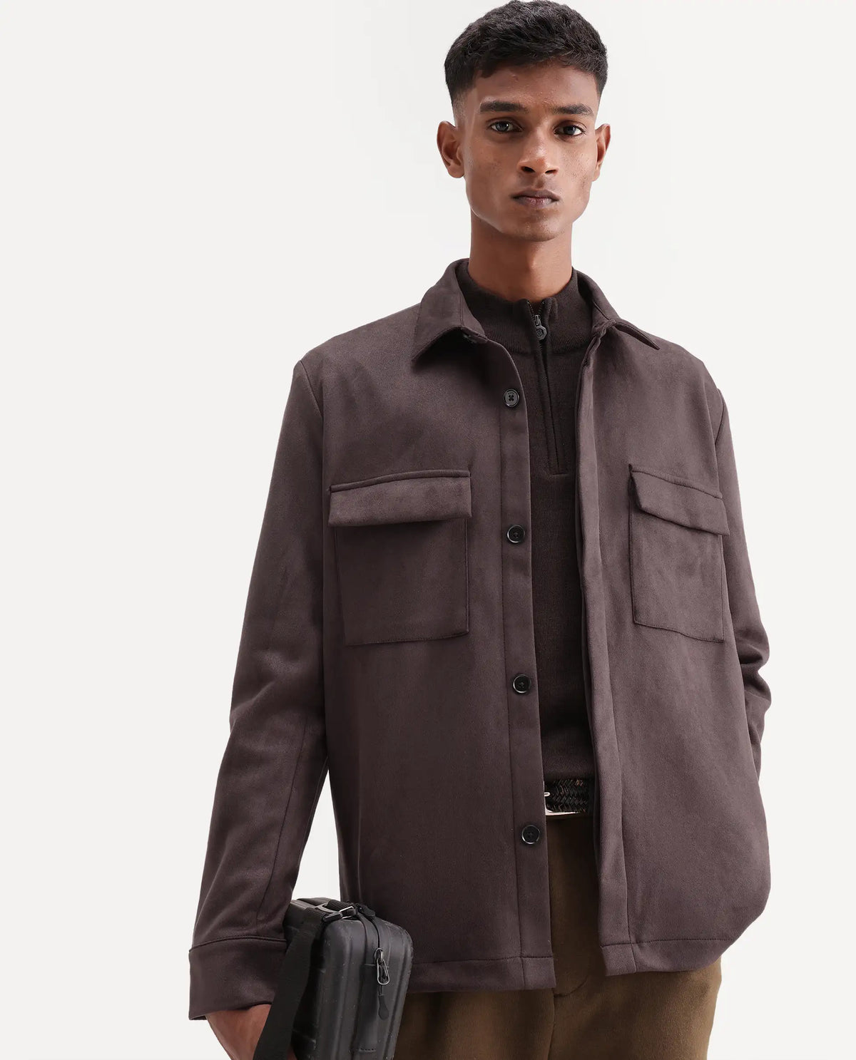 Rare Rabbit Men's Delk-26 Dark Brown Polyester Blend Spread Collar Button Regular Plain Jacket