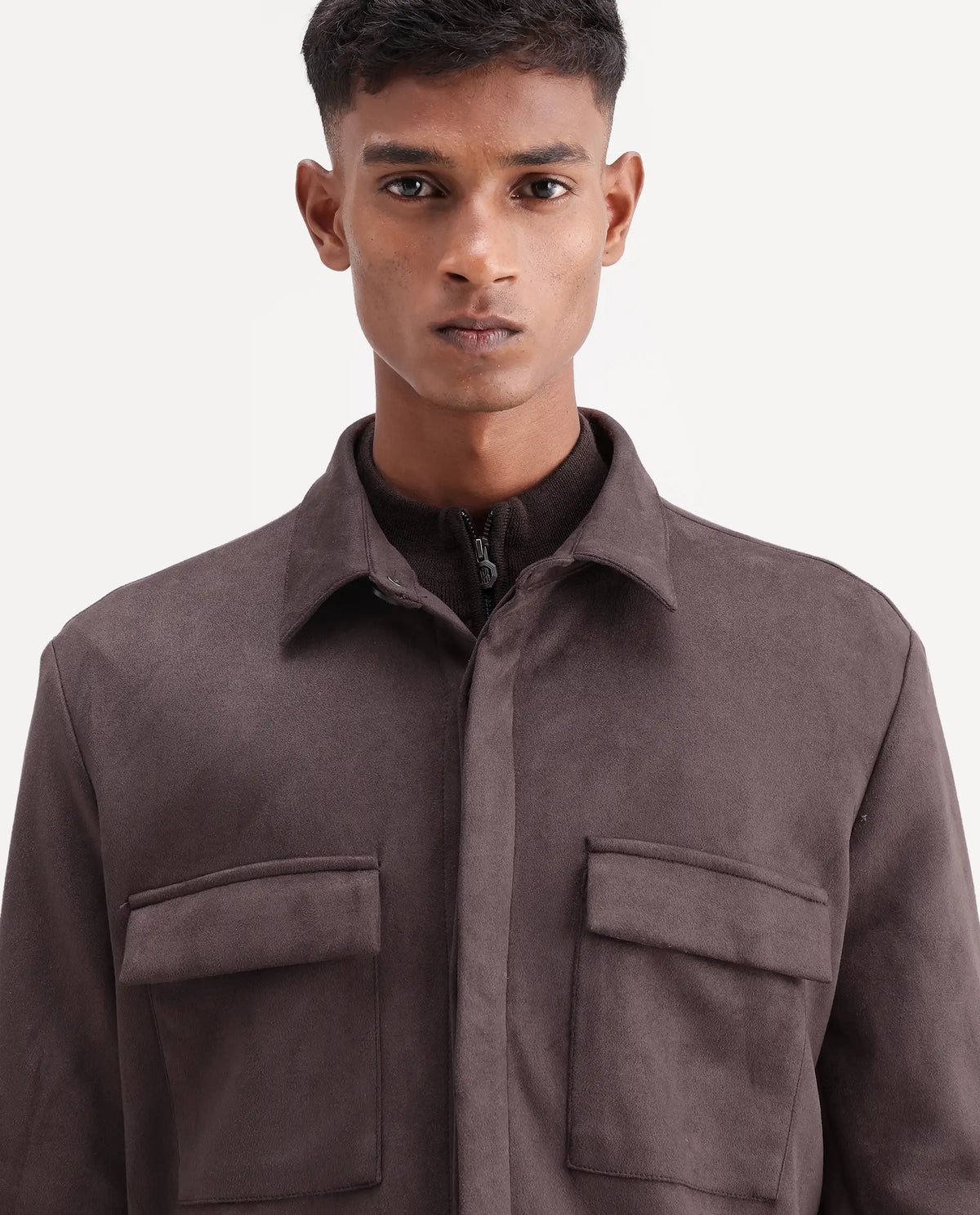 Rare Rabbit Men's Delk-26 Dark Brown Polyester Blend Spread Collar Button Regular Plain Jacket