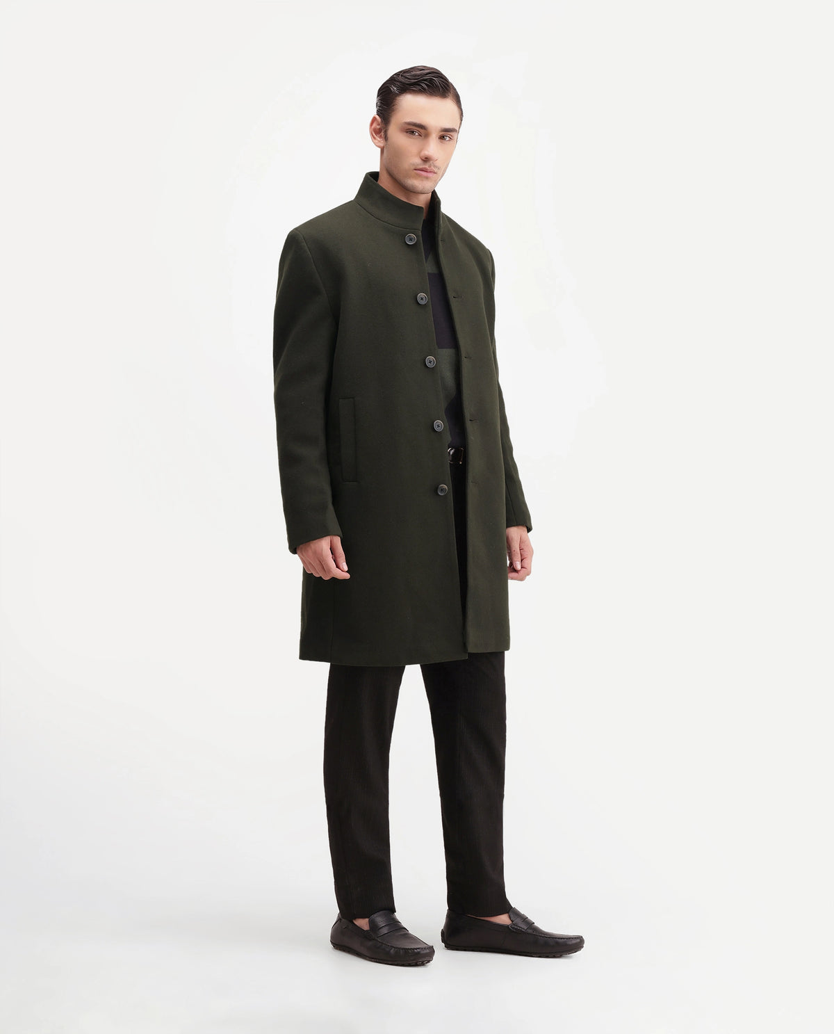 Rare Rabbit Men's Dune-26 Green Polyester Blend High Neck Button Regular Plain Jacket