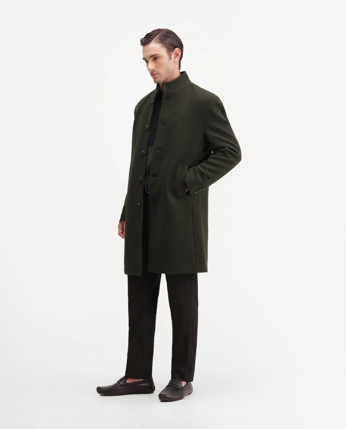 Rare Rabbit Men's Dune-26 Green Polyester Blend High Neck Button Regular Plain Jacket