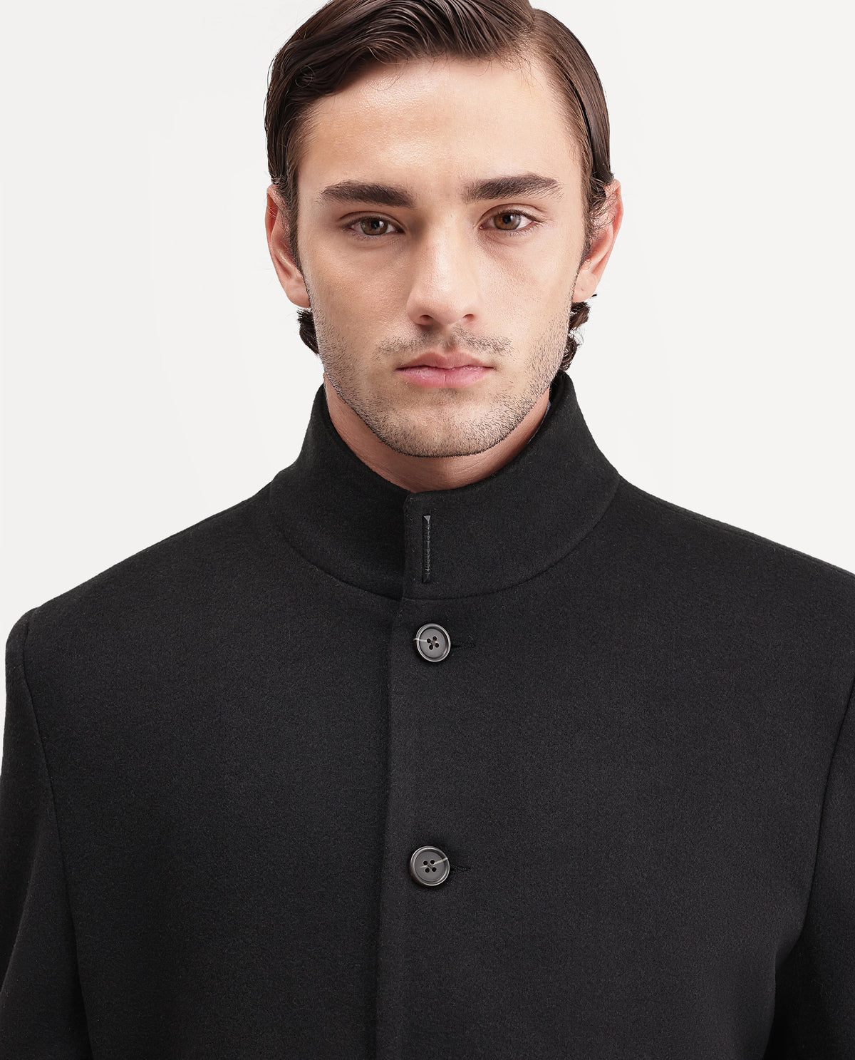 Rare Rabbit Men's Dune-26 Black Polyester Blend High Neck Button Regular Plain Jacket