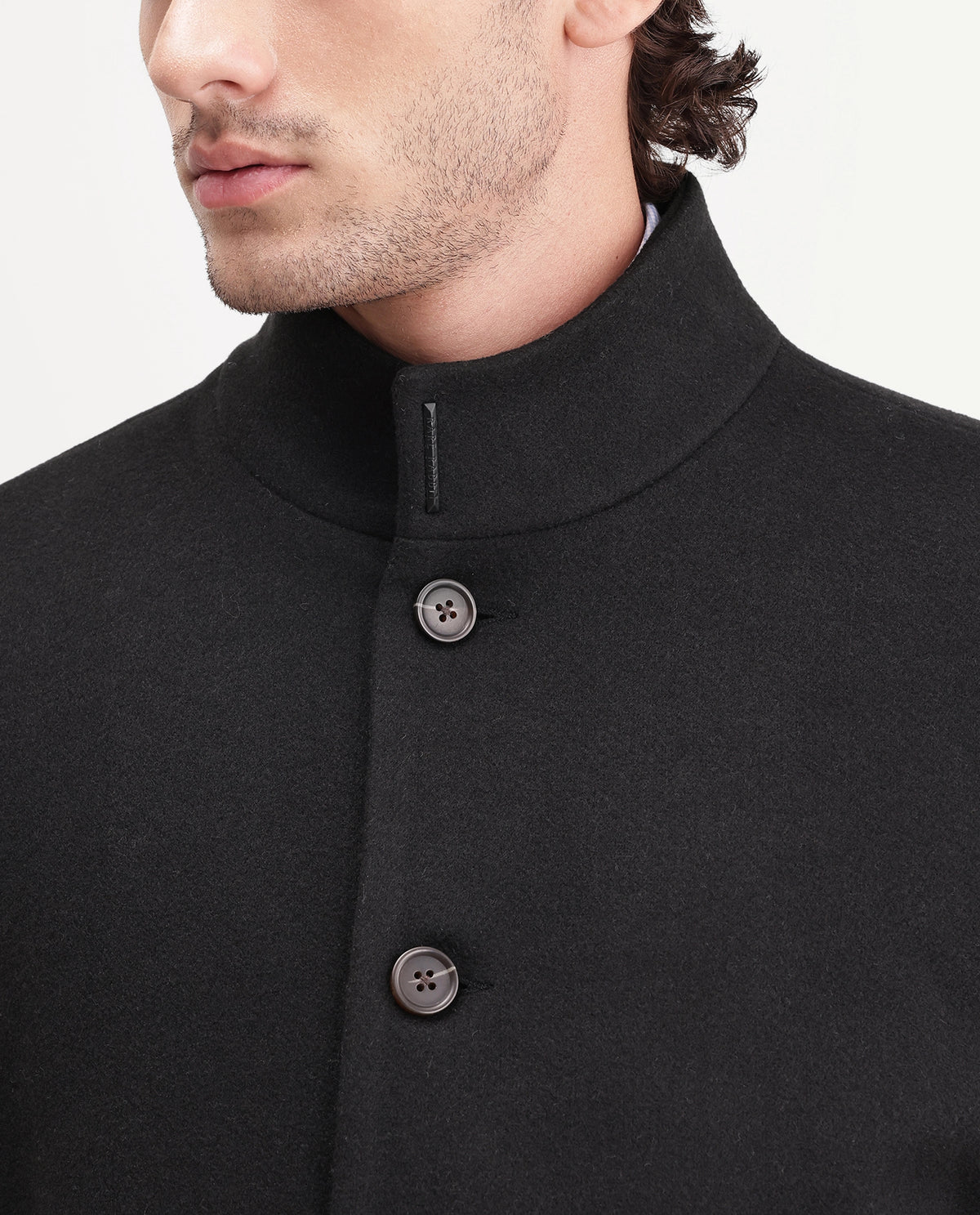 Rare Rabbit Men's Dune-26 Black Polyester Blend High Neck Button Regular Plain Jacket