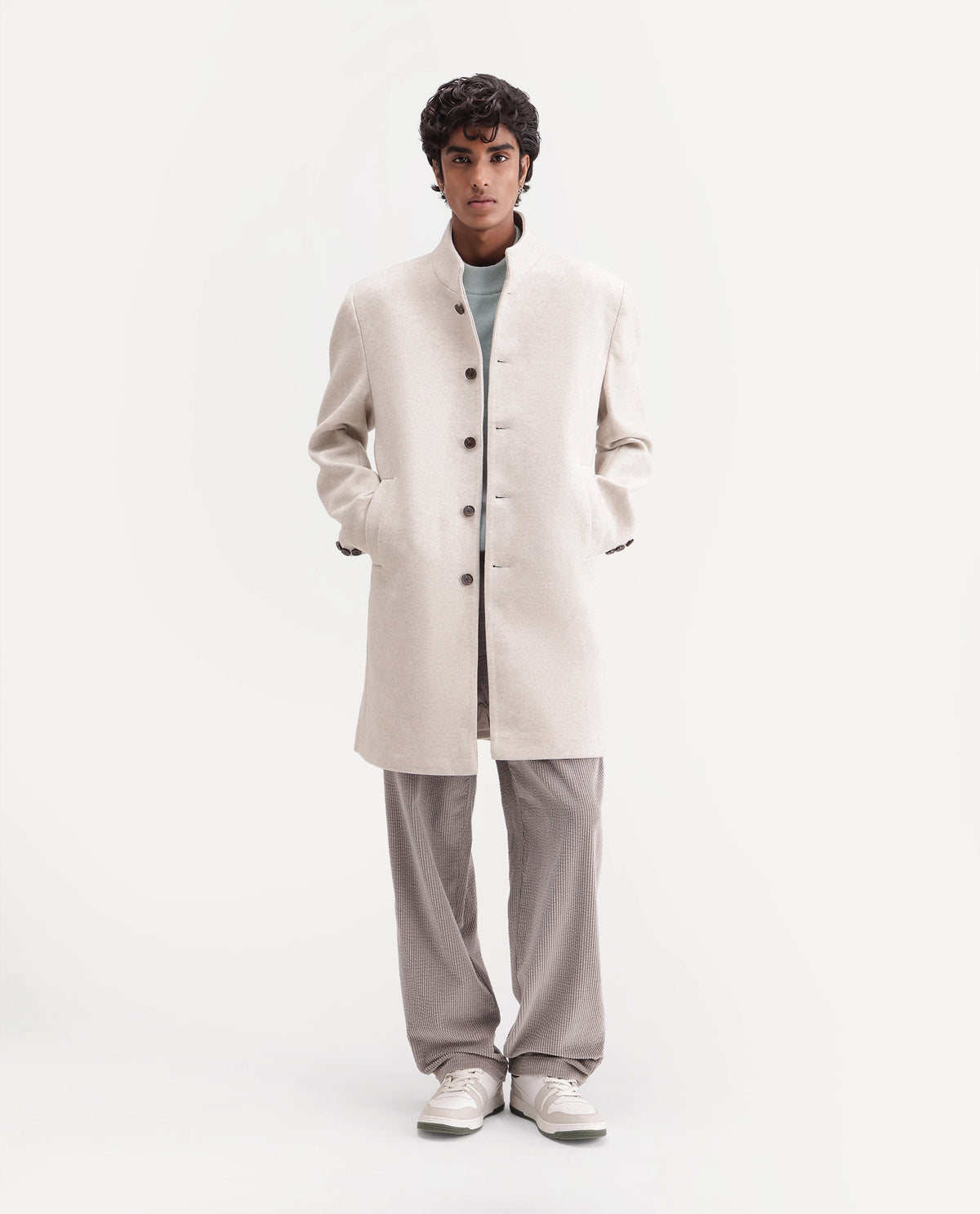 Rare Rabbit Men's Dune-26 Off White Polyester Blend High Neck Button Regular Plain Jacket