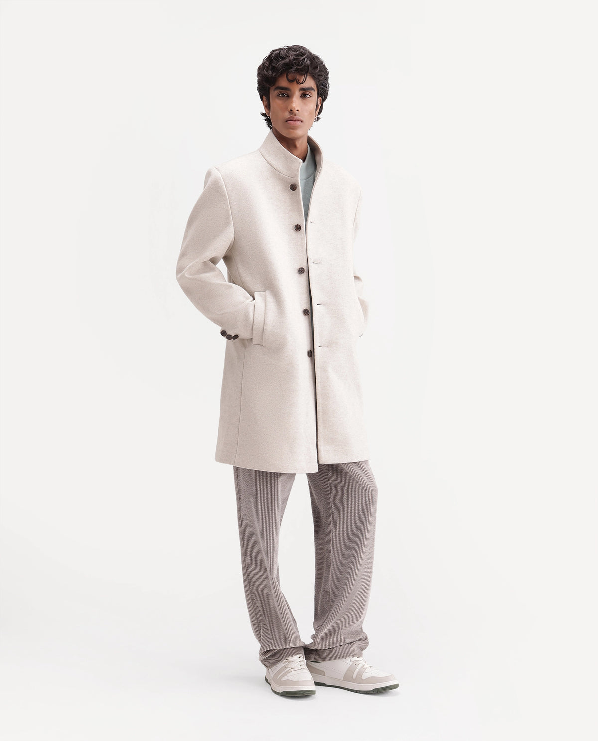 Rare Rabbit Men's Dune-26 Off White Polyester Blend High Neck Button Regular Plain Jacket