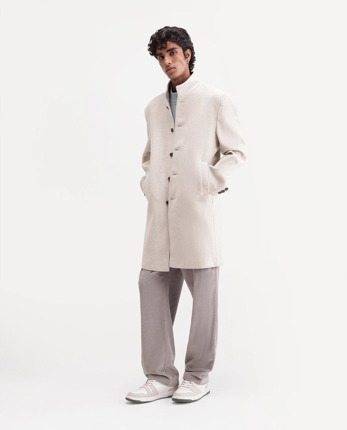 Rare Rabbit Men's Dune-26 Off White Polyester Blend High Neck Button Regular Plain Jacket