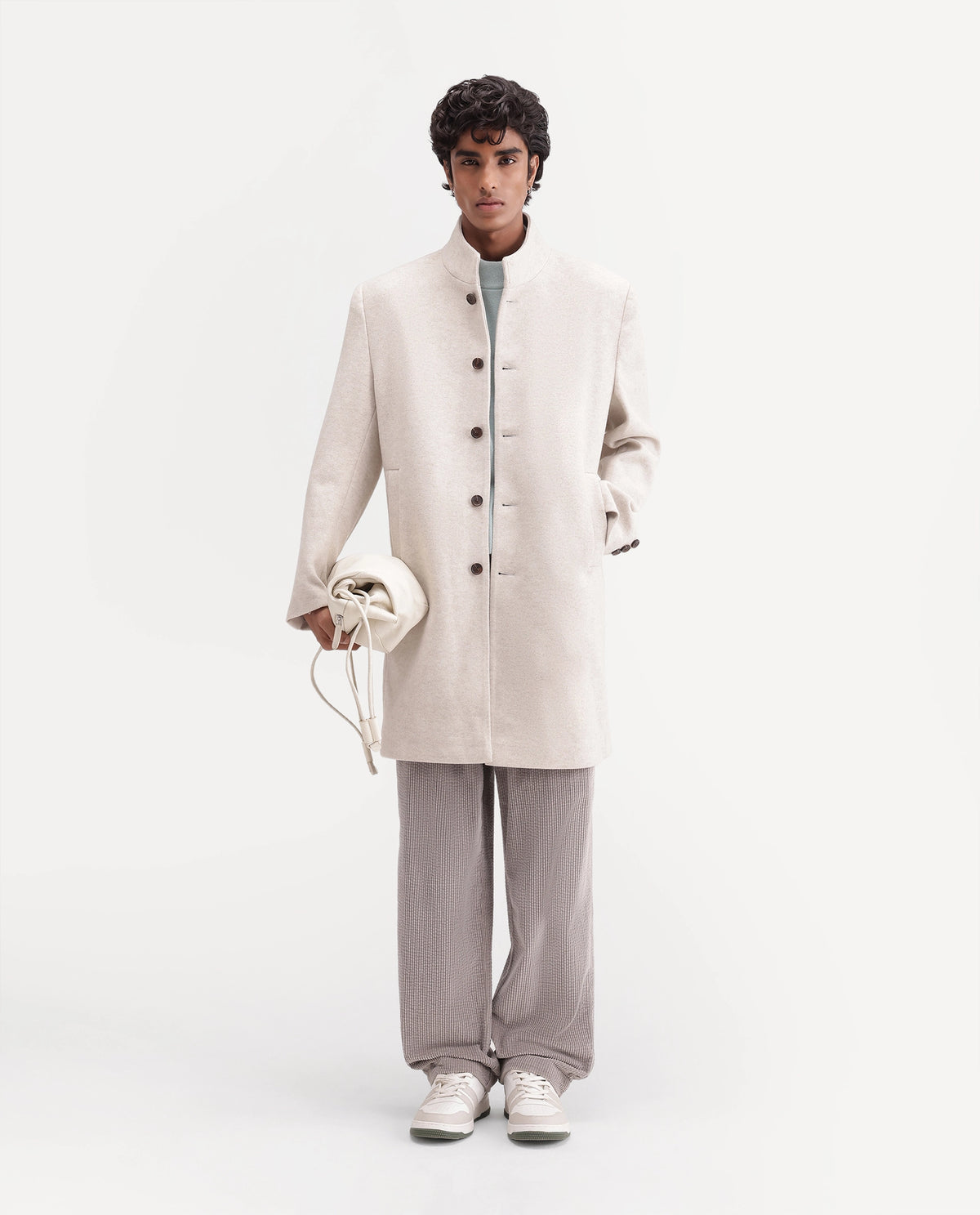 Rare Rabbit Men's Dune-26 Off White Polyester Blend High Neck Button Regular Plain Jacket