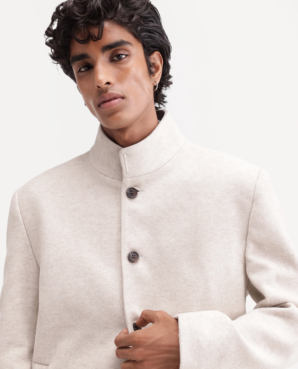 Rare Rabbit Men's Dune-26 Off White Polyester Blend High Neck Button Regular Plain Jacket