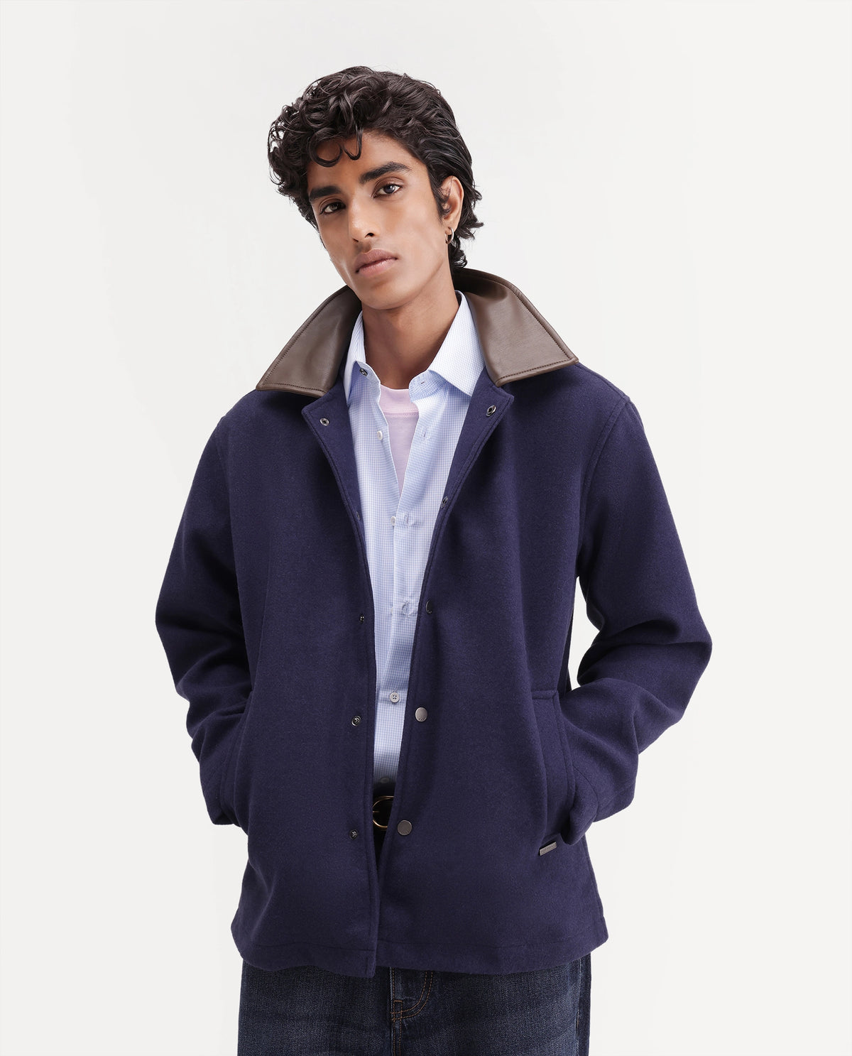 Rare Rabbit Men's Kiko-M Navy Polyester Blend Spread Collar Button Regular Plain Jacket