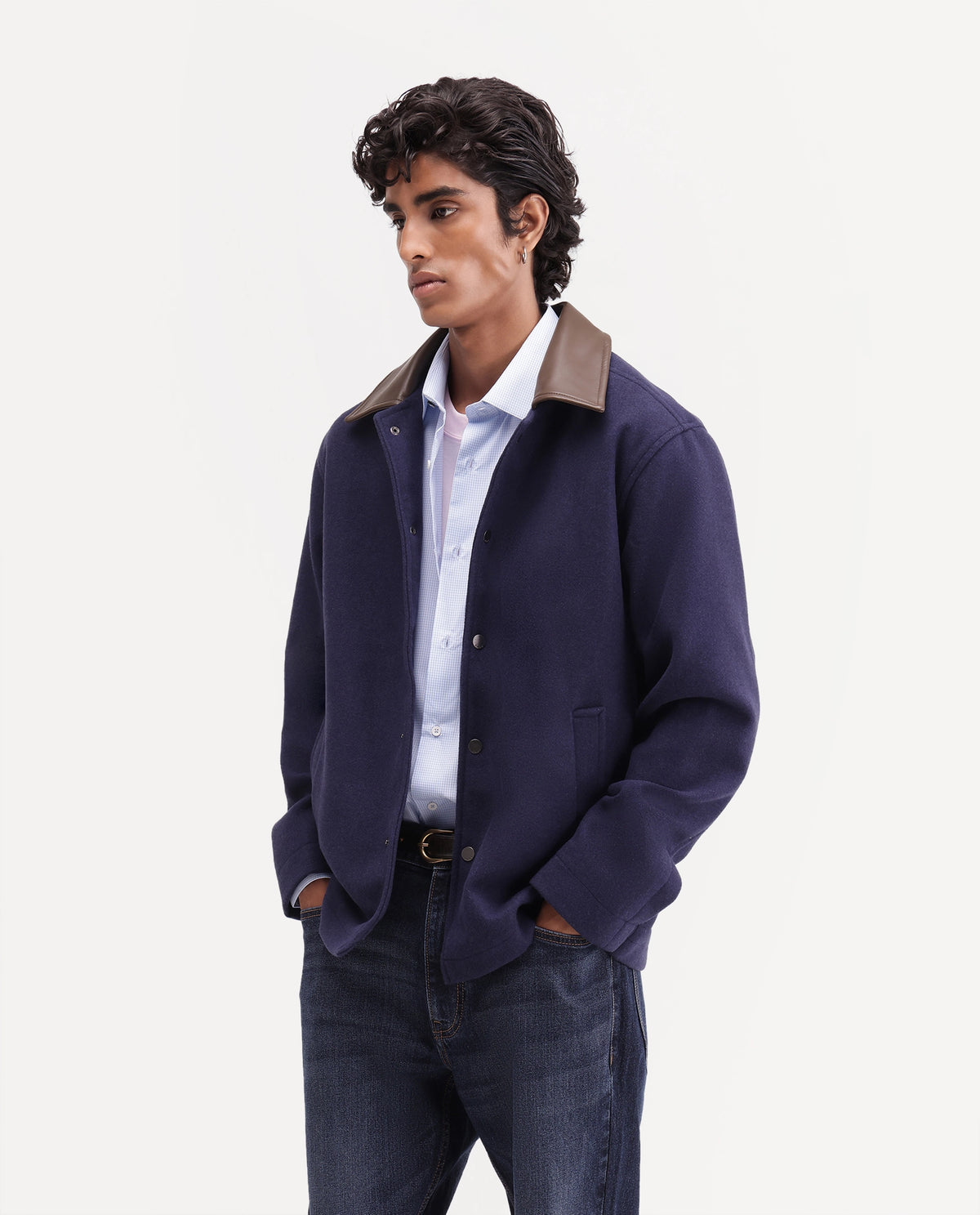 Rare Rabbit Men's Kiko-M Navy Polyester Blend Spread Collar Button Regular Plain Jacket