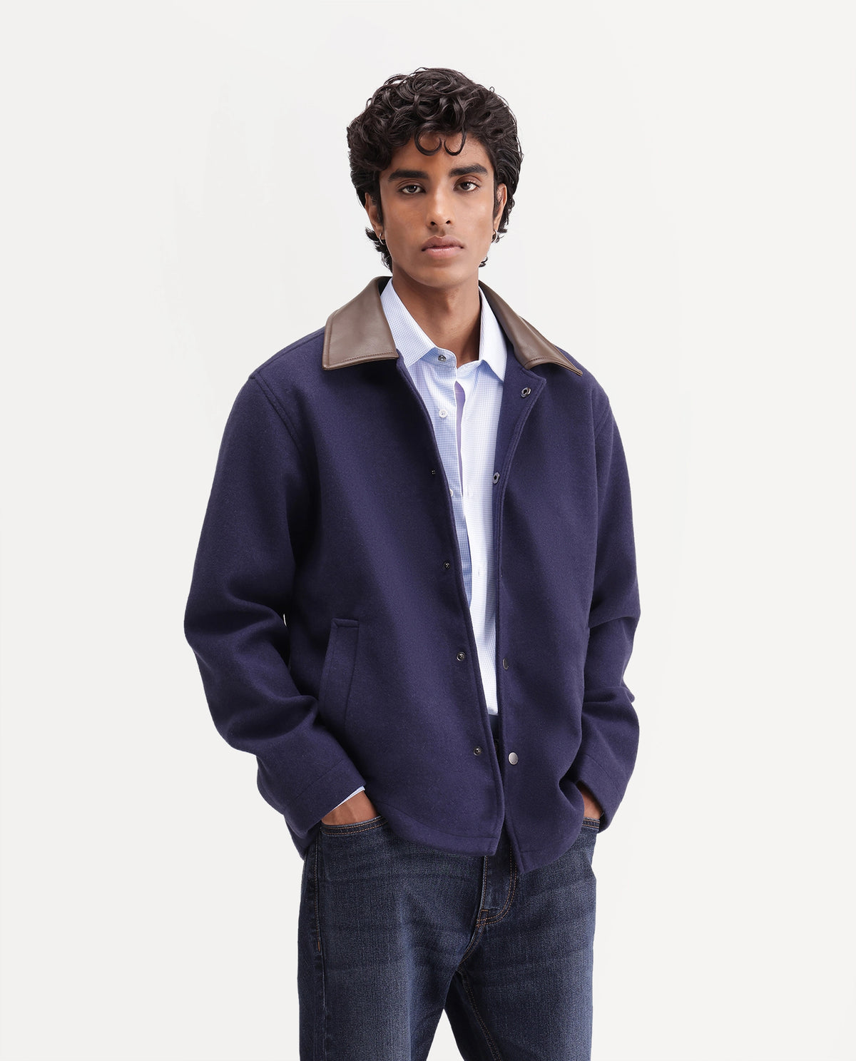 Rare Rabbit Men's Kiko-M Navy Polyester Blend Spread Collar Button Regular Plain Jacket