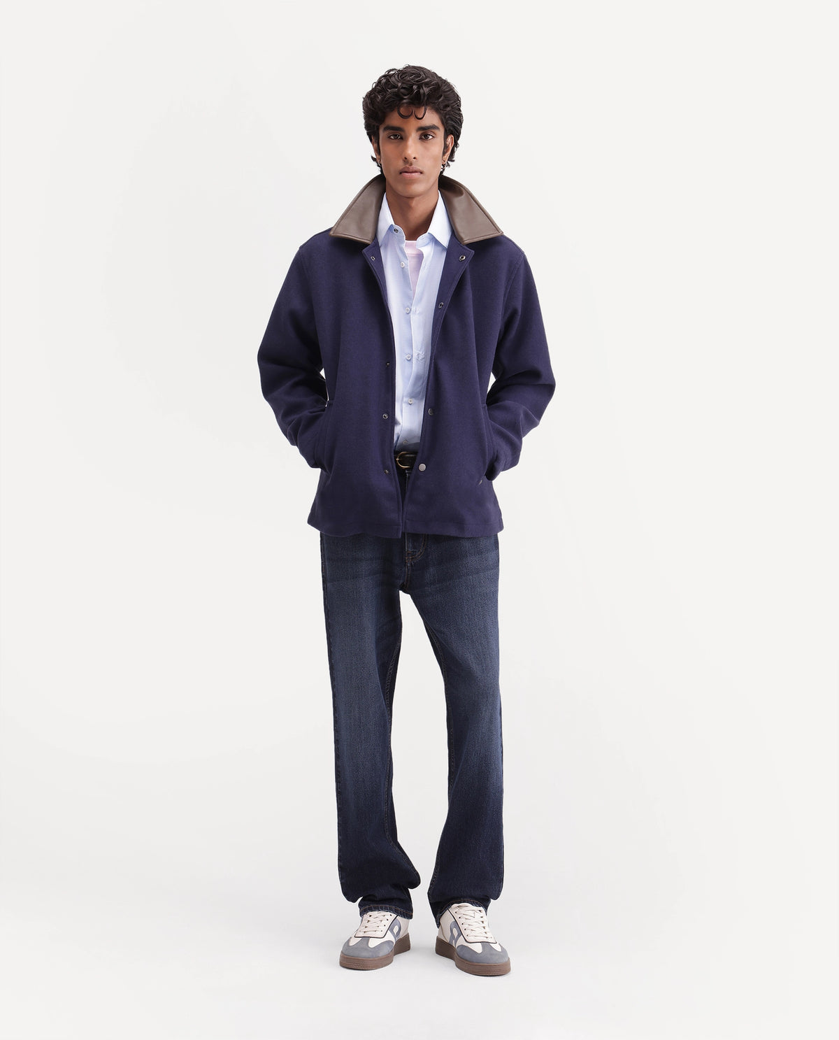Rare Rabbit Men's Kiko-M Navy Polyester Blend Spread Collar Button Regular Plain Jacket