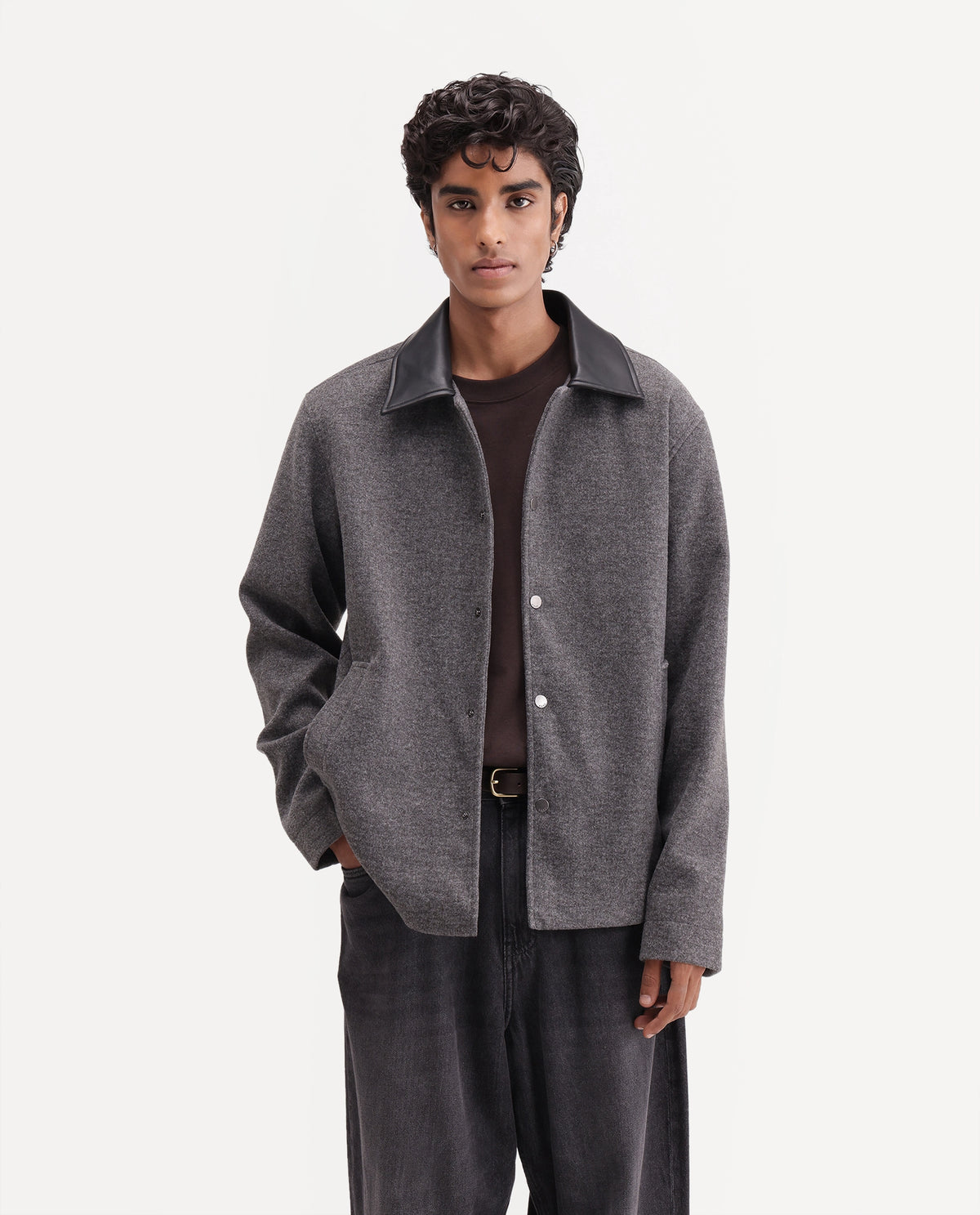 Rare Rabbit Men's Kiko-M Dark Grey Polyester Blend Spread Collar Button Regular Plain Jacket