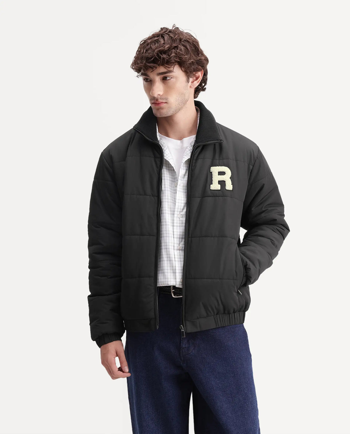 Rare Rabbit Men's Lerc Black Polyester High Neck Zipper Regular Plain Jacket