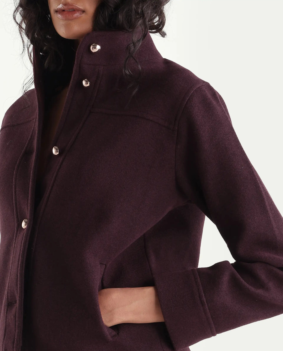 Rareism Women's Kliop Dark Maroon Polyester Blend Stand Collar Button Regular Plain Jacket