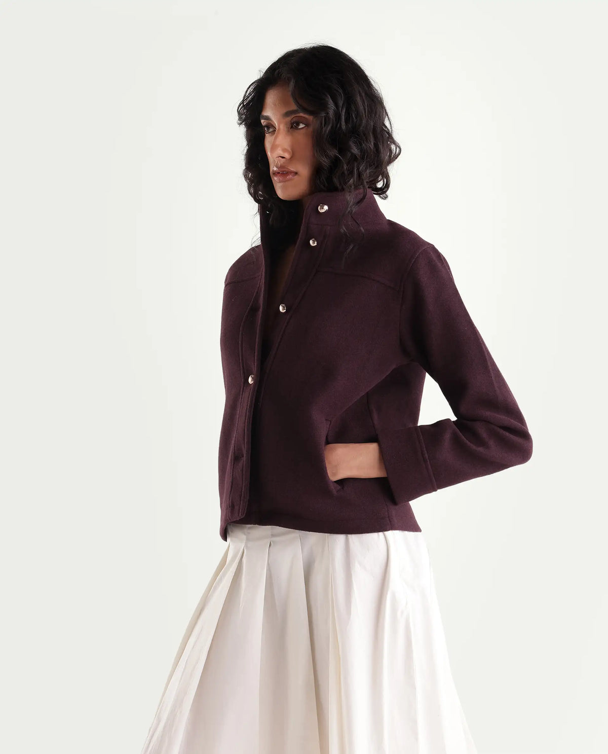 Rareism Women's Kliop Dark Maroon Polyester Blend Stand Collar Button Regular Plain Jacket