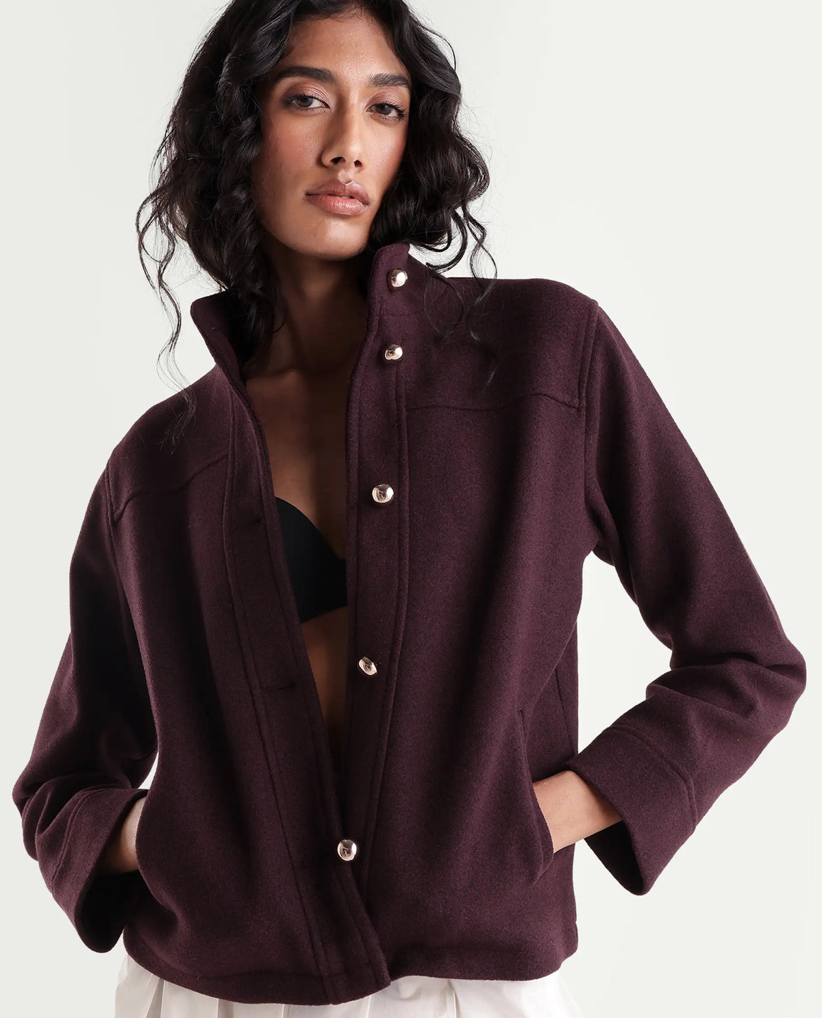 Rareism Women's Kliop Dark Maroon Polyester Blend Stand Collar Button Regular Plain Jacket