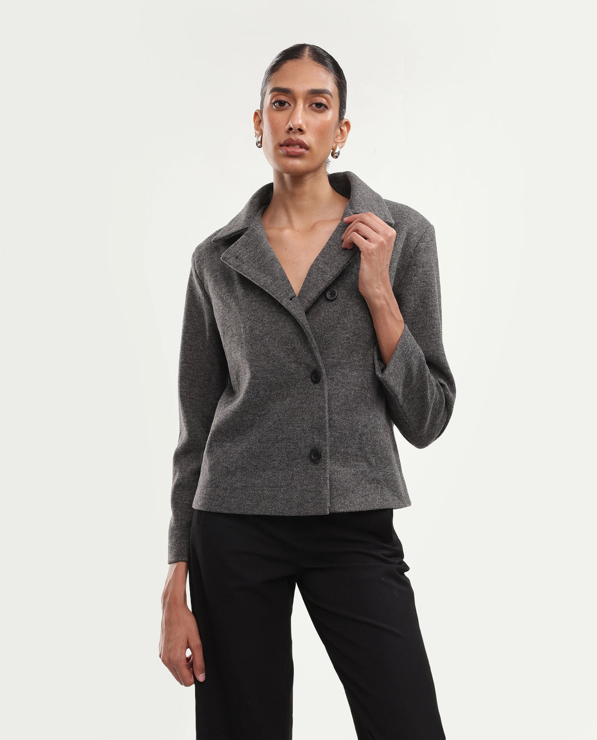 Rareism Women's Kinter Grey Polyester Blend Spread Collar Button Regular Plain Jacket
