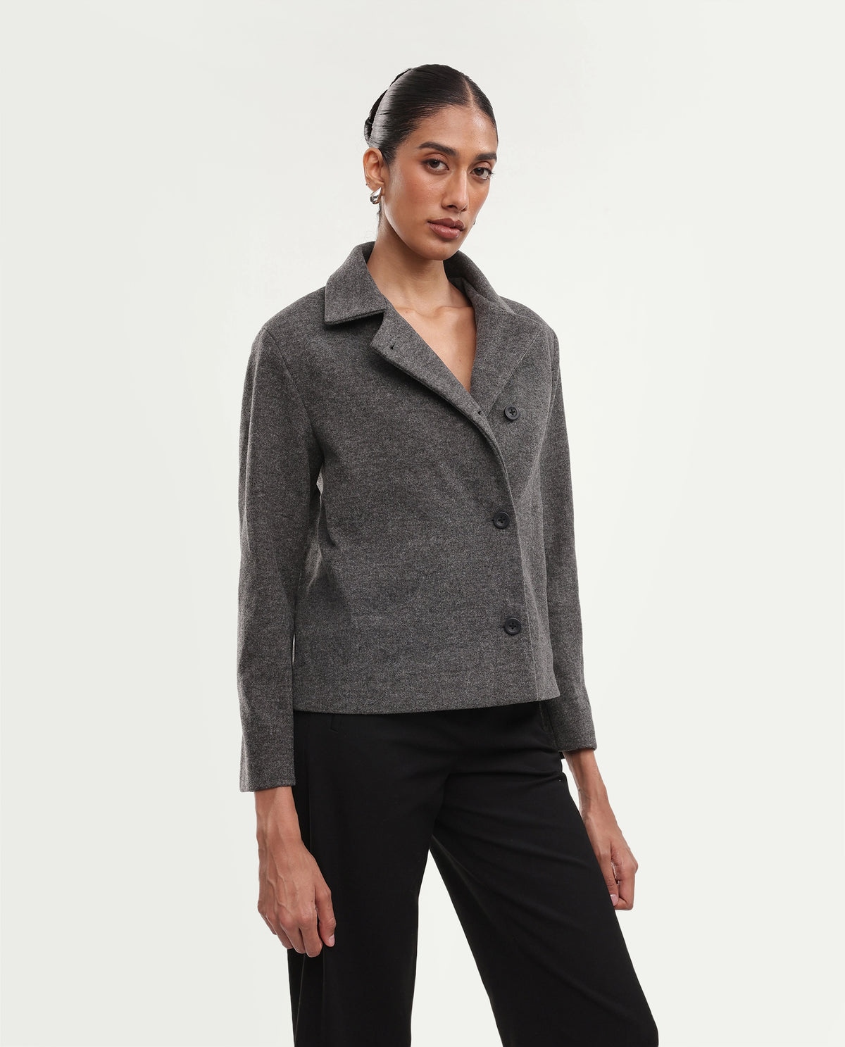 Rareism Women's Kinter Grey Polyester Blend Spread Collar Button Regular Plain Jacket