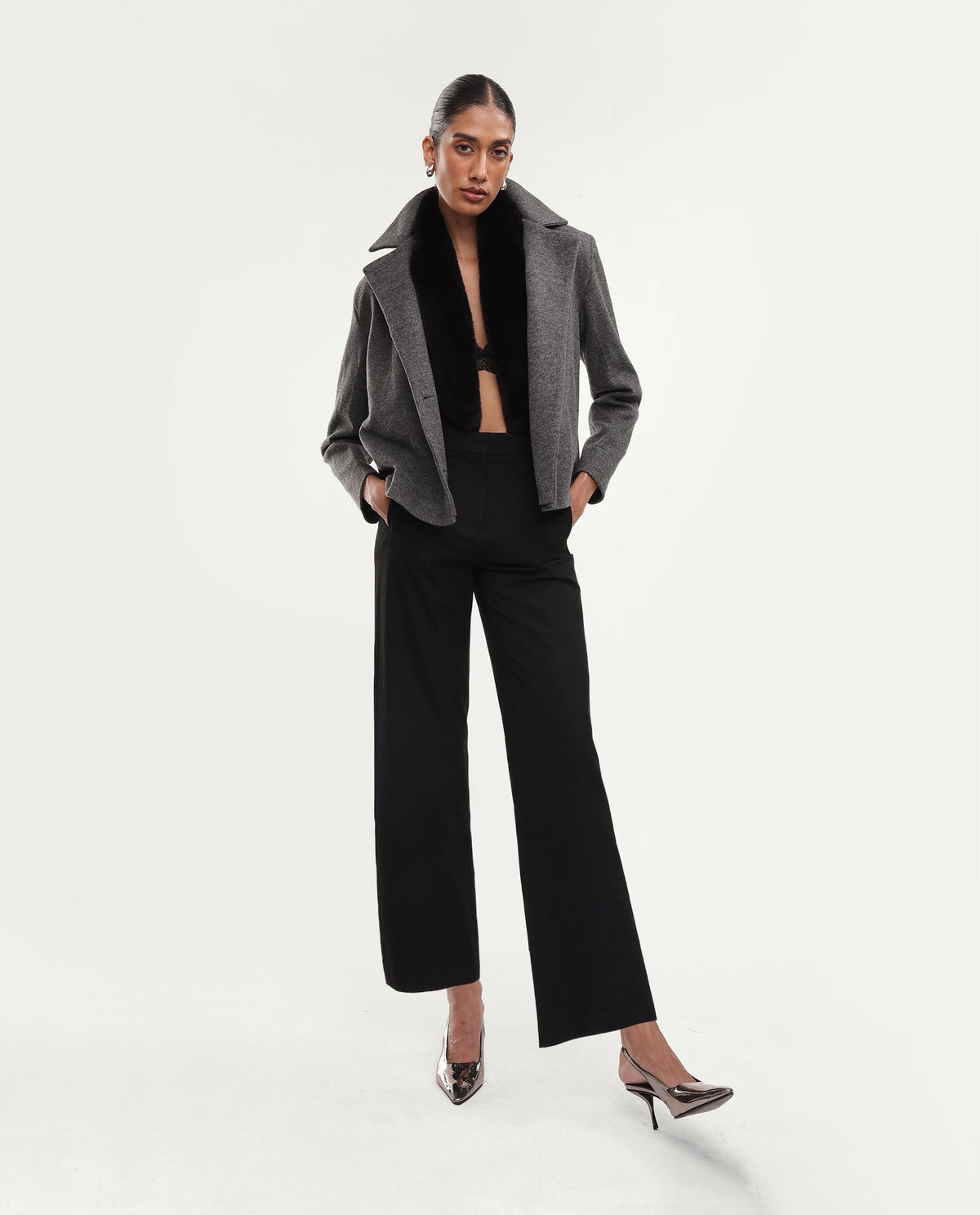 Rareism Women's Kinter Grey Polyester Blend Spread Collar Button Regular Plain Jacket