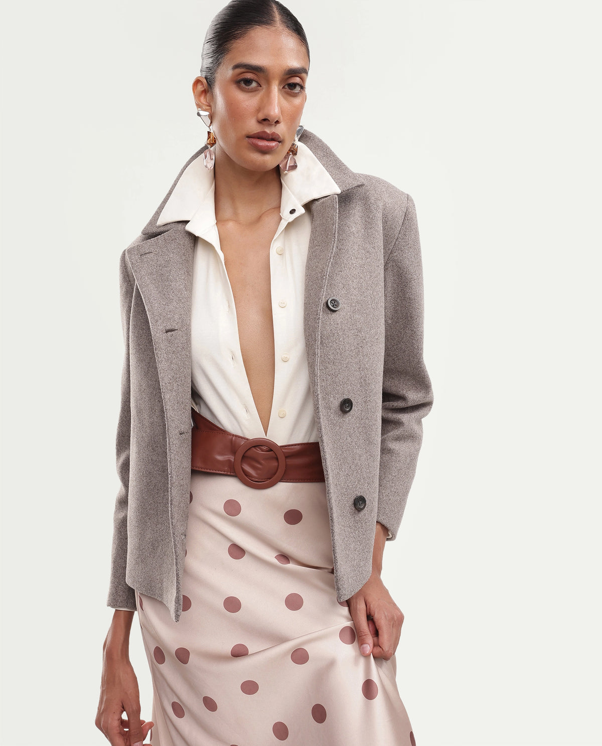 Rareism Women's Kinter Dusky Beige Polyester Blend Spread Collar Button Regular Plain Jacket