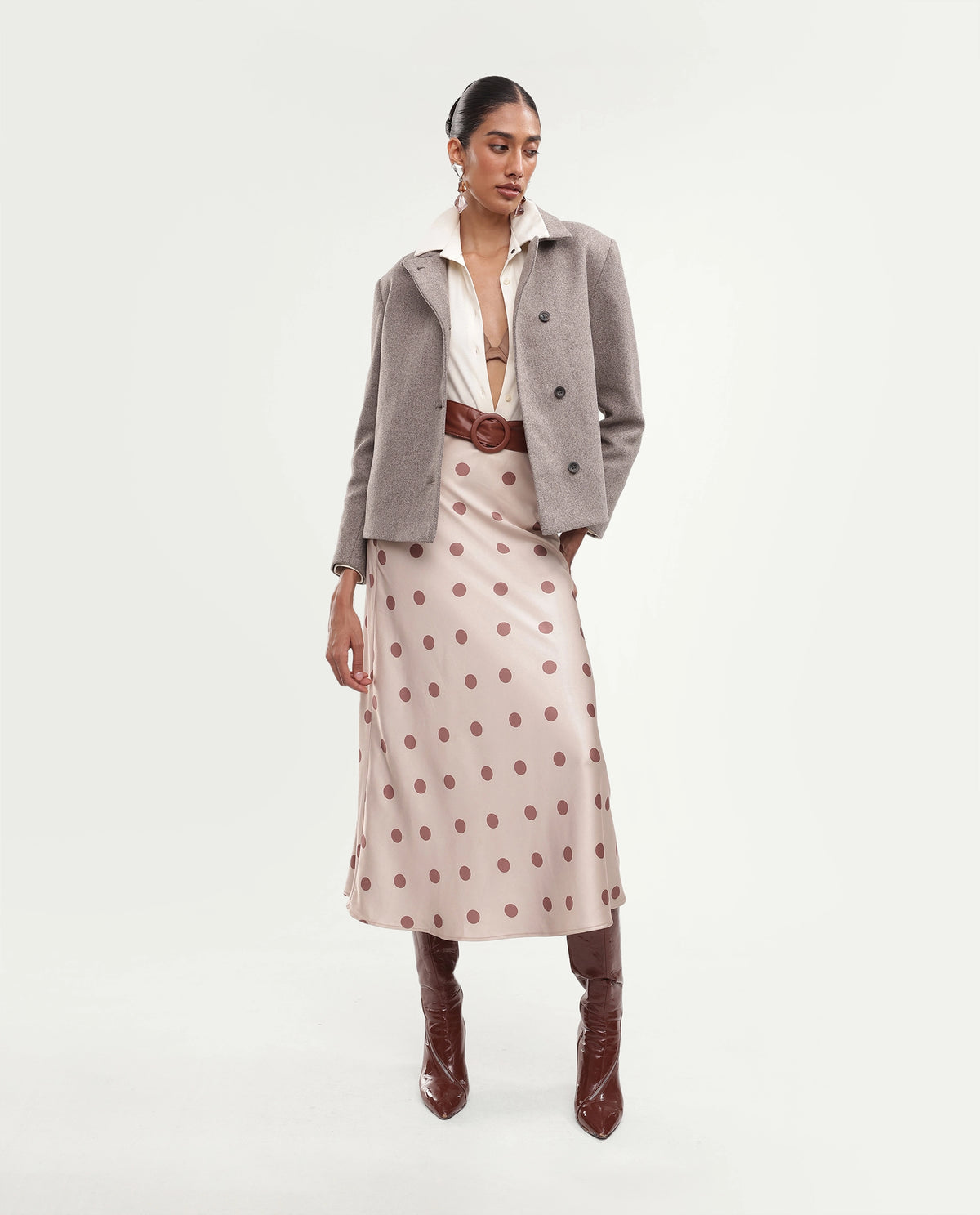 Rareism Women's Kinter Dusky Beige Polyester Blend Spread Collar Button Regular Plain Jacket