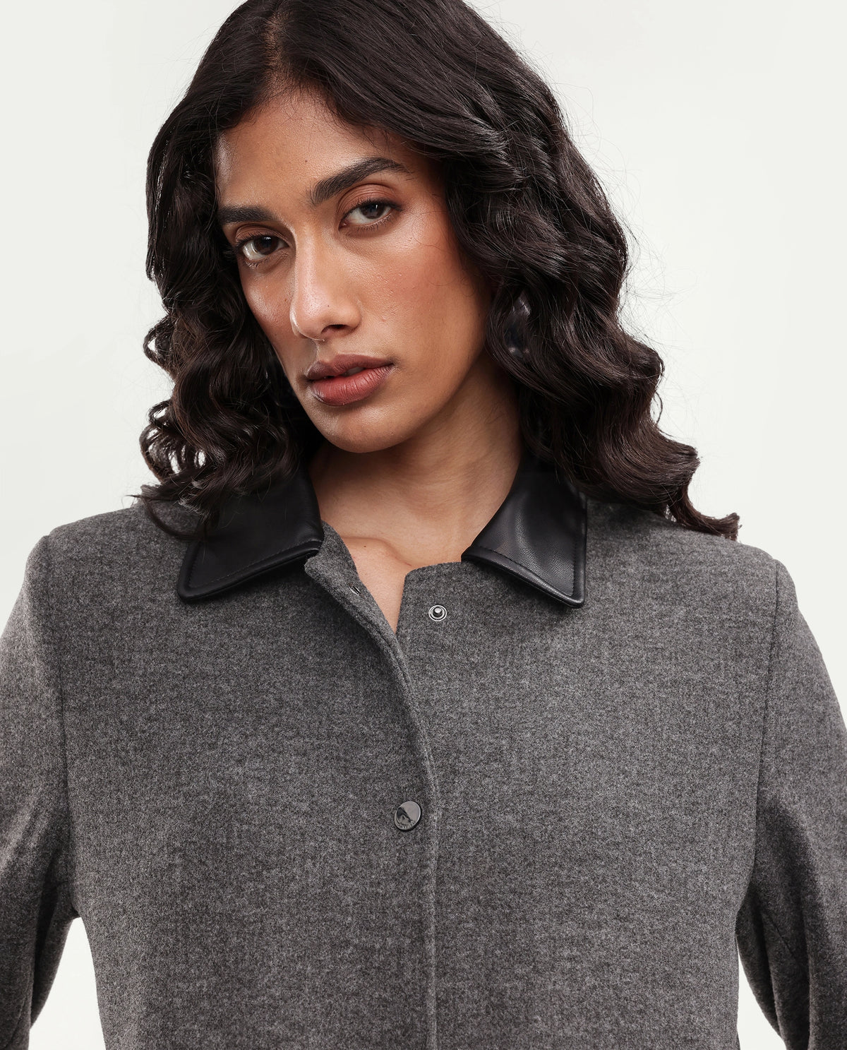 Rareism Women's Kiko Grey Polyester Blend Spread Collar Button Regular Plain Jacket