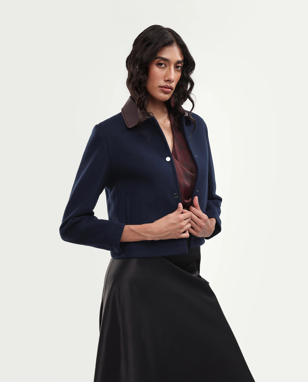 Rareism Women's Kiko Navy Polyester Blend Spread Collar Button Regular Plain Jacket