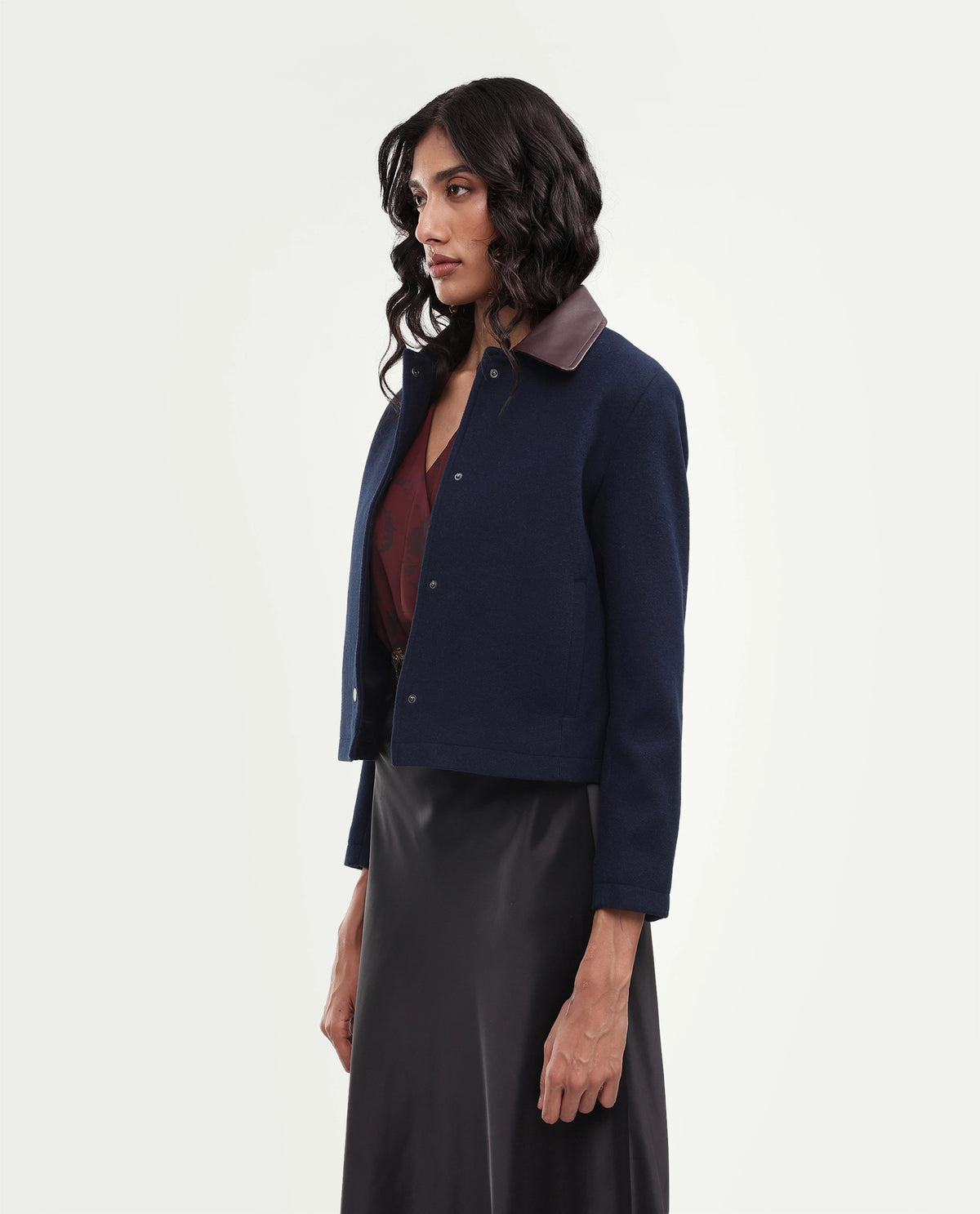 Rareism Women's Kiko Navy Polyester Blend Spread Collar Button Regular Plain Jacket