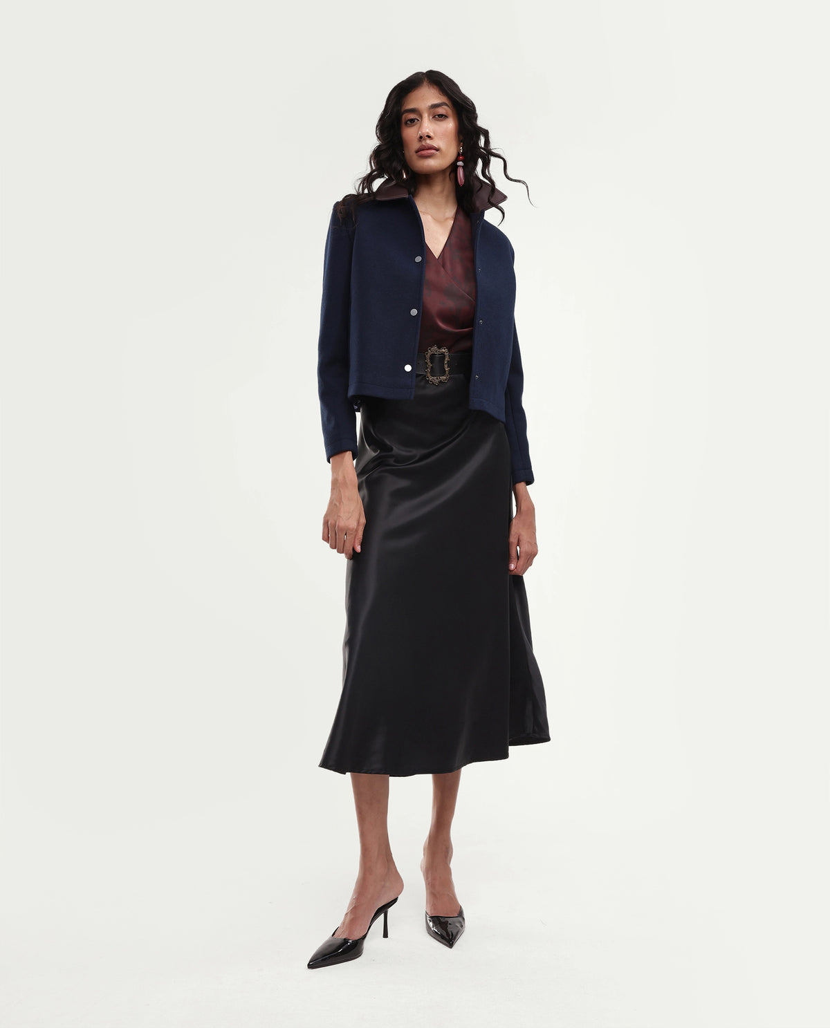 Rareism Women's Kiko Navy Polyester Blend Spread Collar Button Regular Plain Jacket