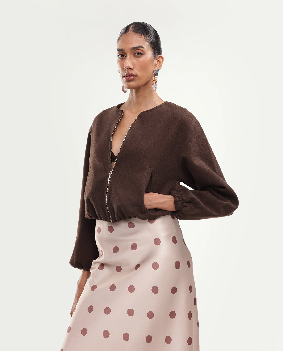 Rareism Women's Zaro Dark Brown Polyester Blend Crew Neck Zipper Regular Plain Jacket