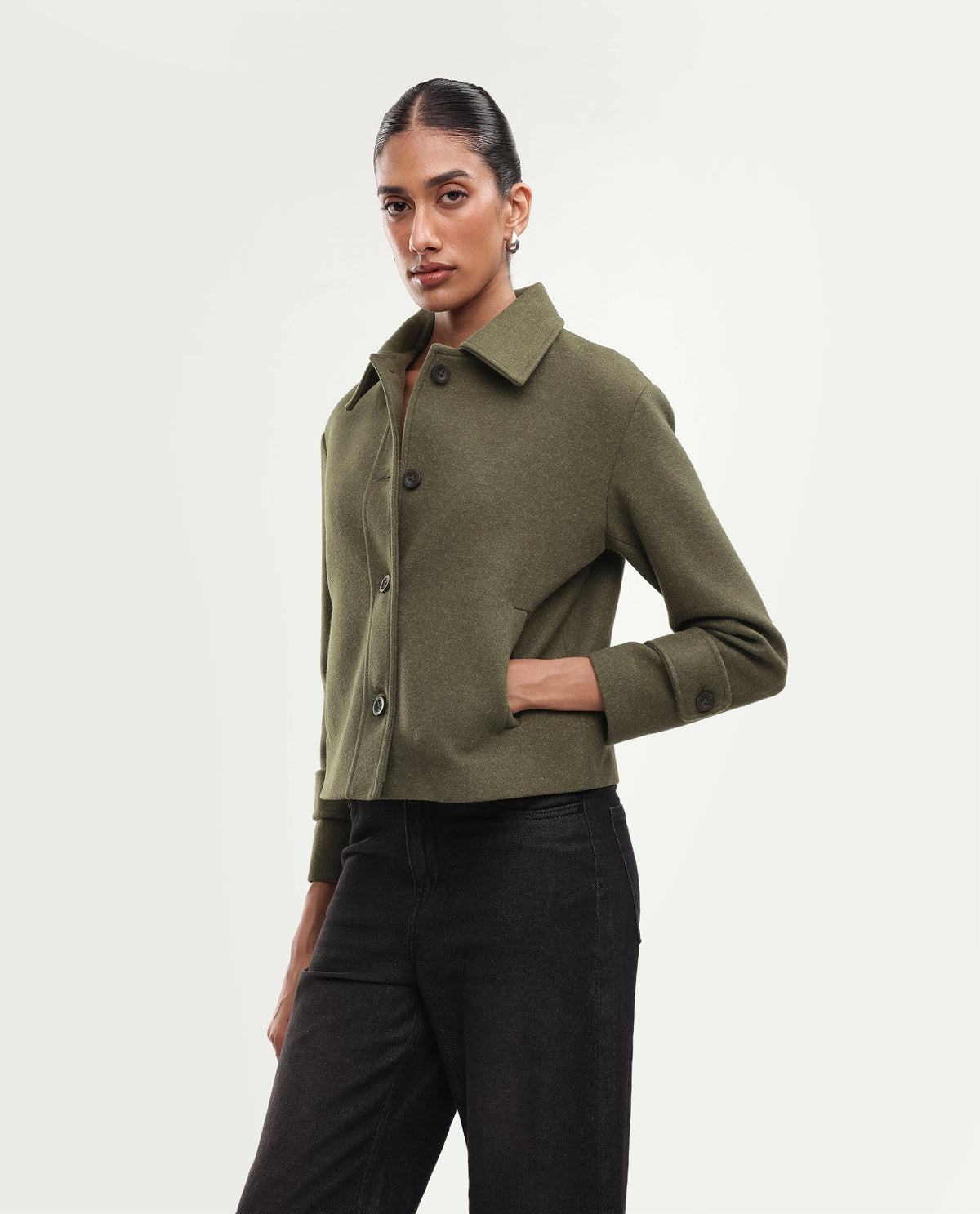 Rareism Women's Nikzoaw26 Green Polyester Blend Spread Collar Button Relaxed Plain Jacket