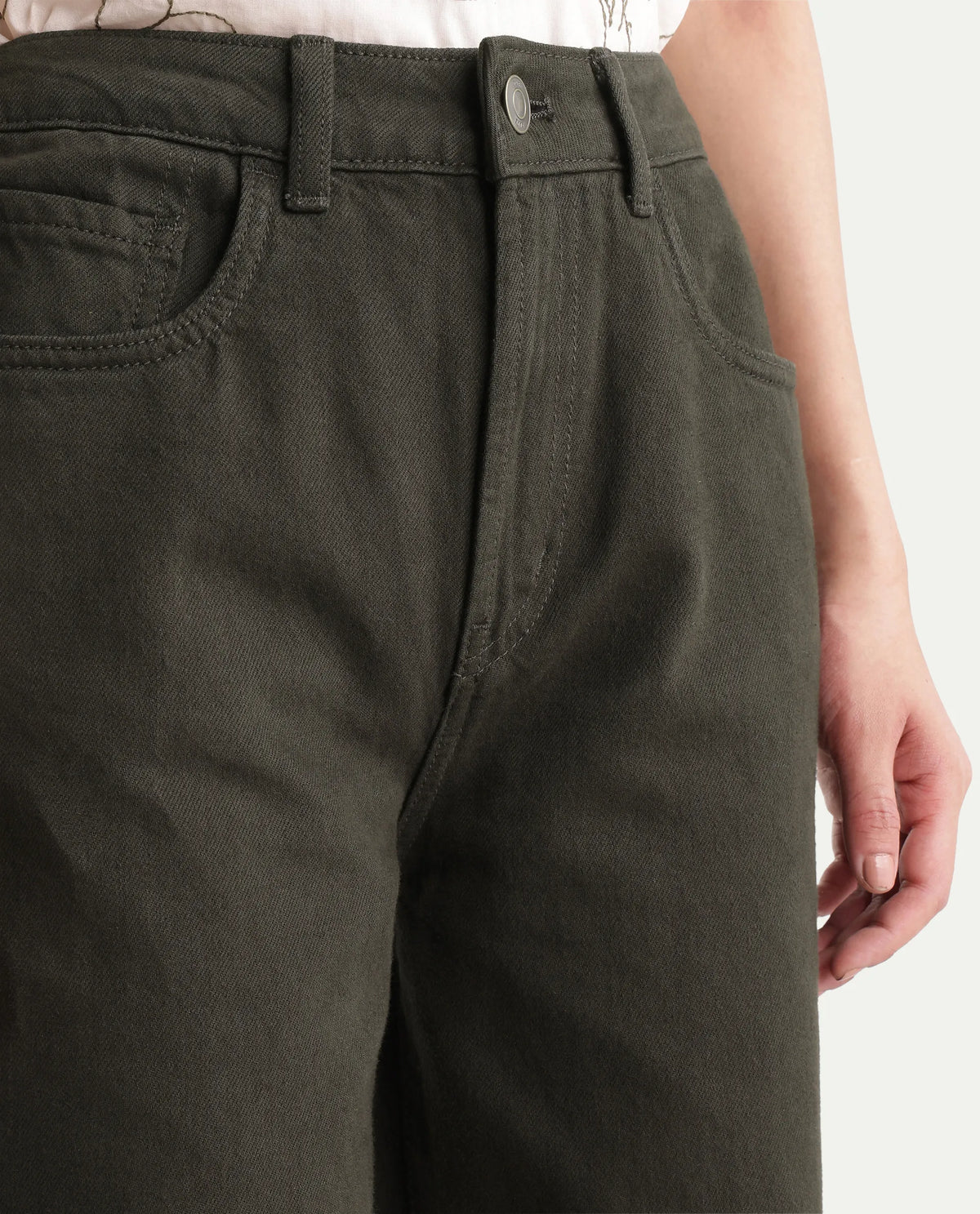 Rareism Women's Wyde-2 Dark Green Cotton Shank And Zipper Sculpt High Wide Plain Jeans