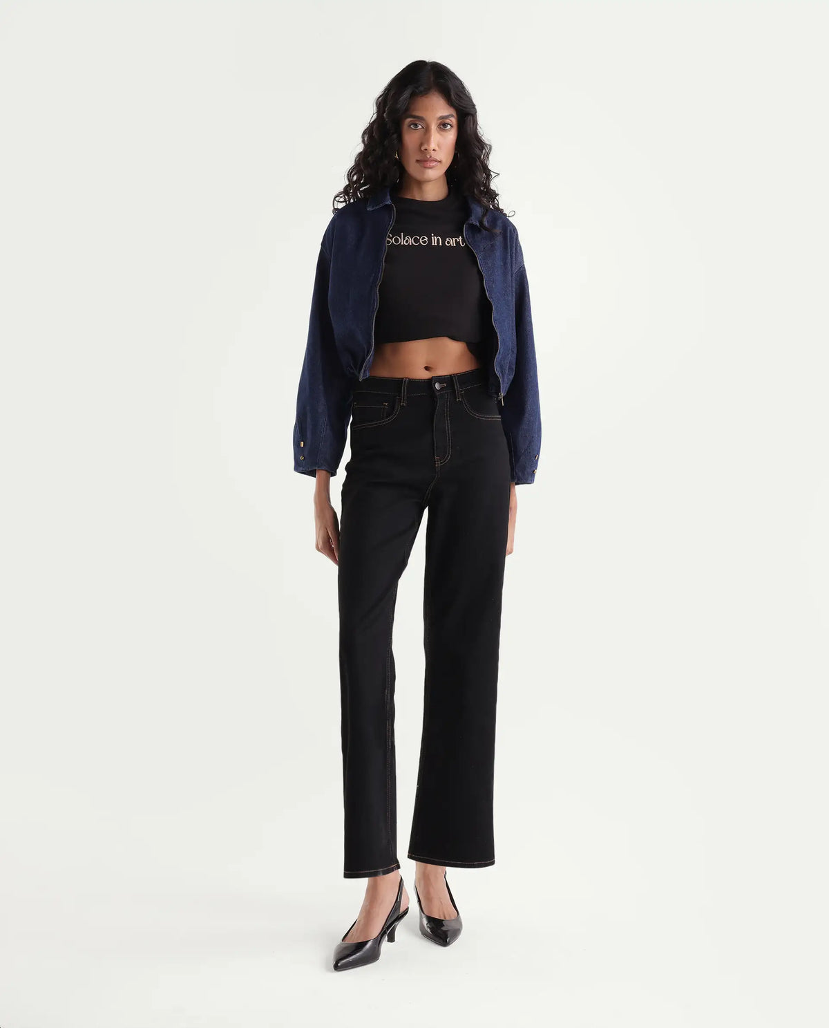 Rareism Women's Strank-3 Dark Black Cotton Blend Shank And Zipper Ankle Straight Plain Jeans