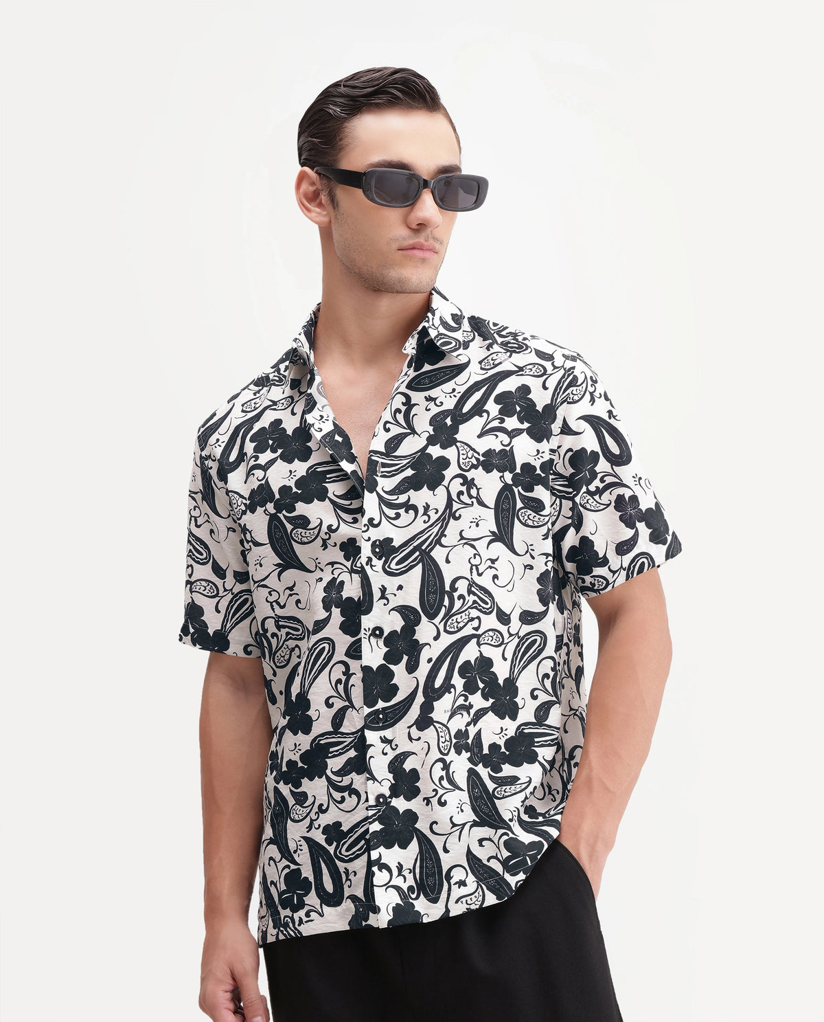 Rare Rabbit Men's Vexor Off White Viscose Blend Spread Collar Button Regular Ornamental Print Shirt