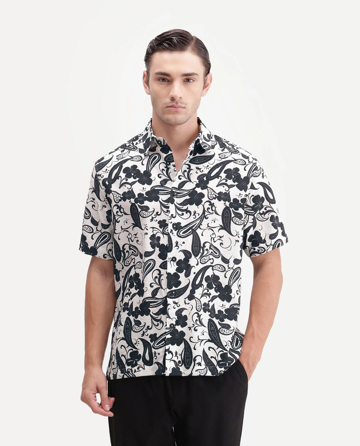 Rare Rabbit Men's Vexor Off White Viscose Blend Spread Collar Button Regular Ornamental Print Shirt