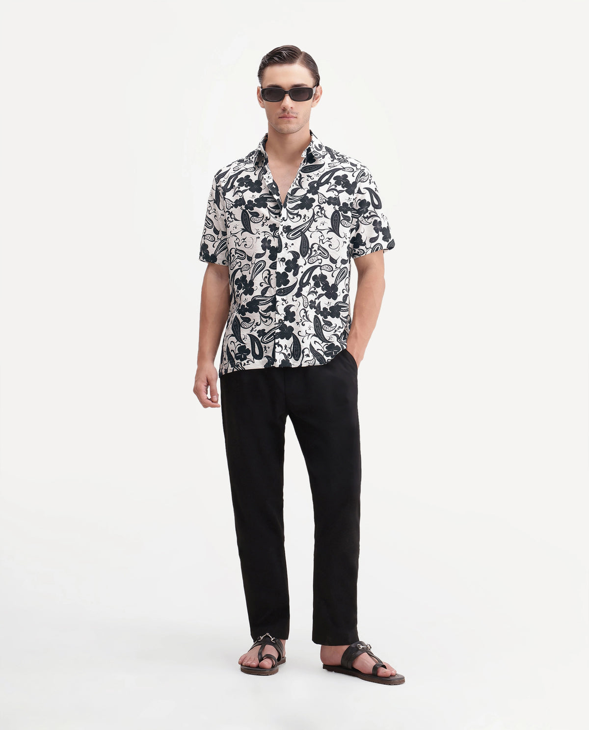 Rare Rabbit Men's Vexor Off White Viscose Blend Spread Collar Button Regular Ornamental Print Shirt