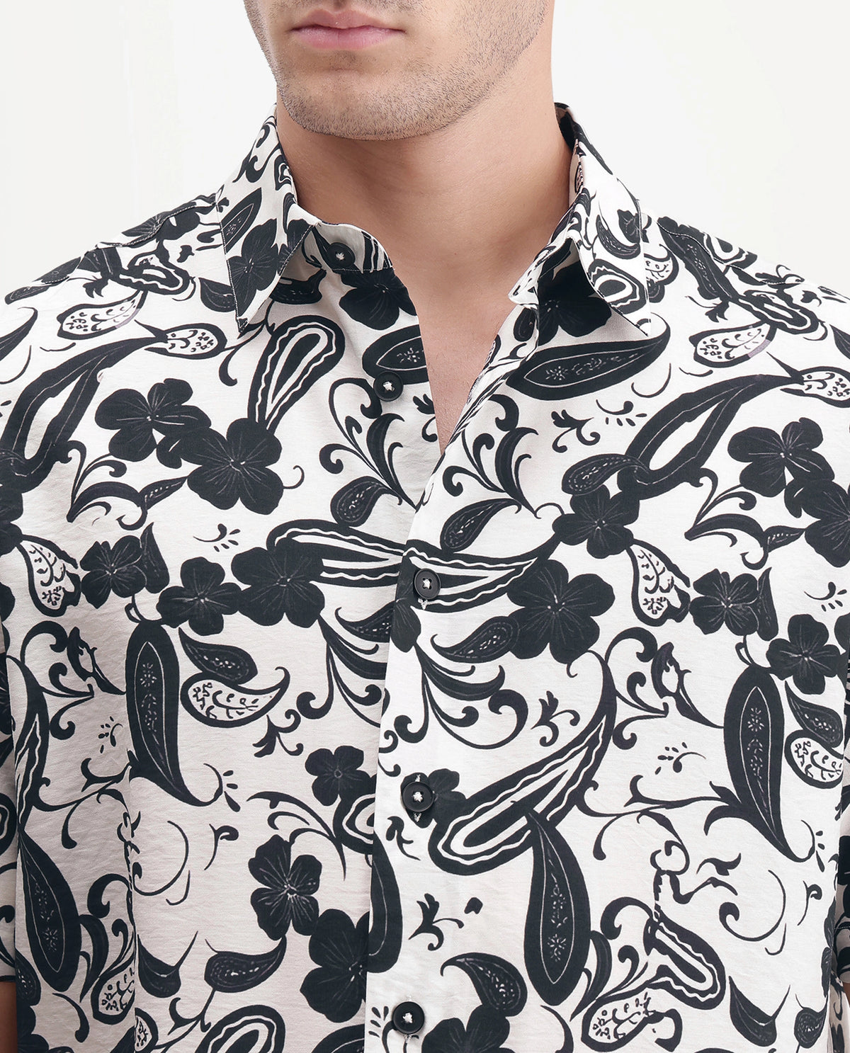 Rare Rabbit Men's Vexor Off White Viscose Blend Spread Collar Button Regular Ornamental Print Shirt