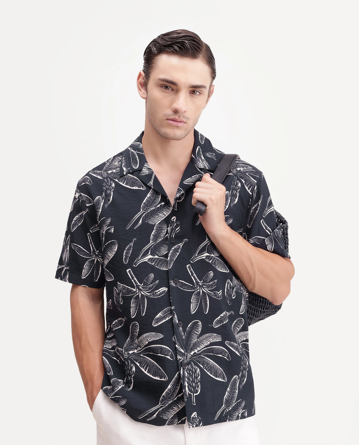 Rare Rabbit Men's Rivan Black Viscose Blend Cuban Collar Button Regular Tropical Print Shirt