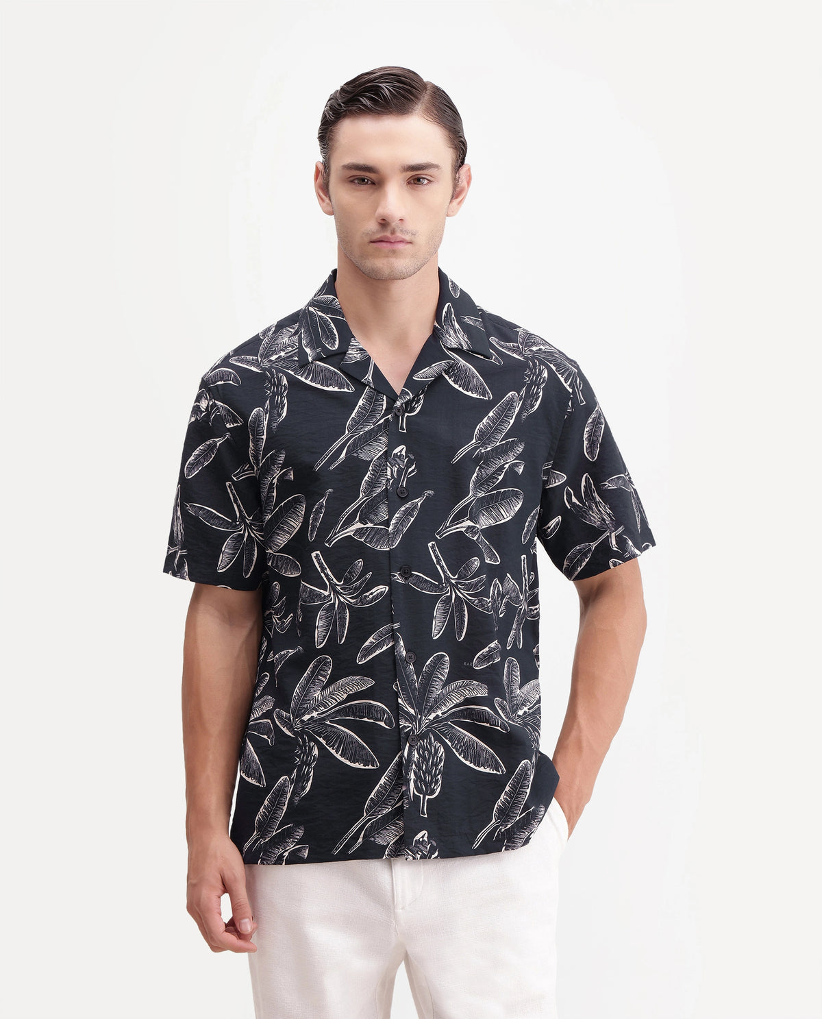 Rare Rabbit Men's Rivan Black Viscose Blend Cuban Collar Button Regular Tropical Print Shirt
