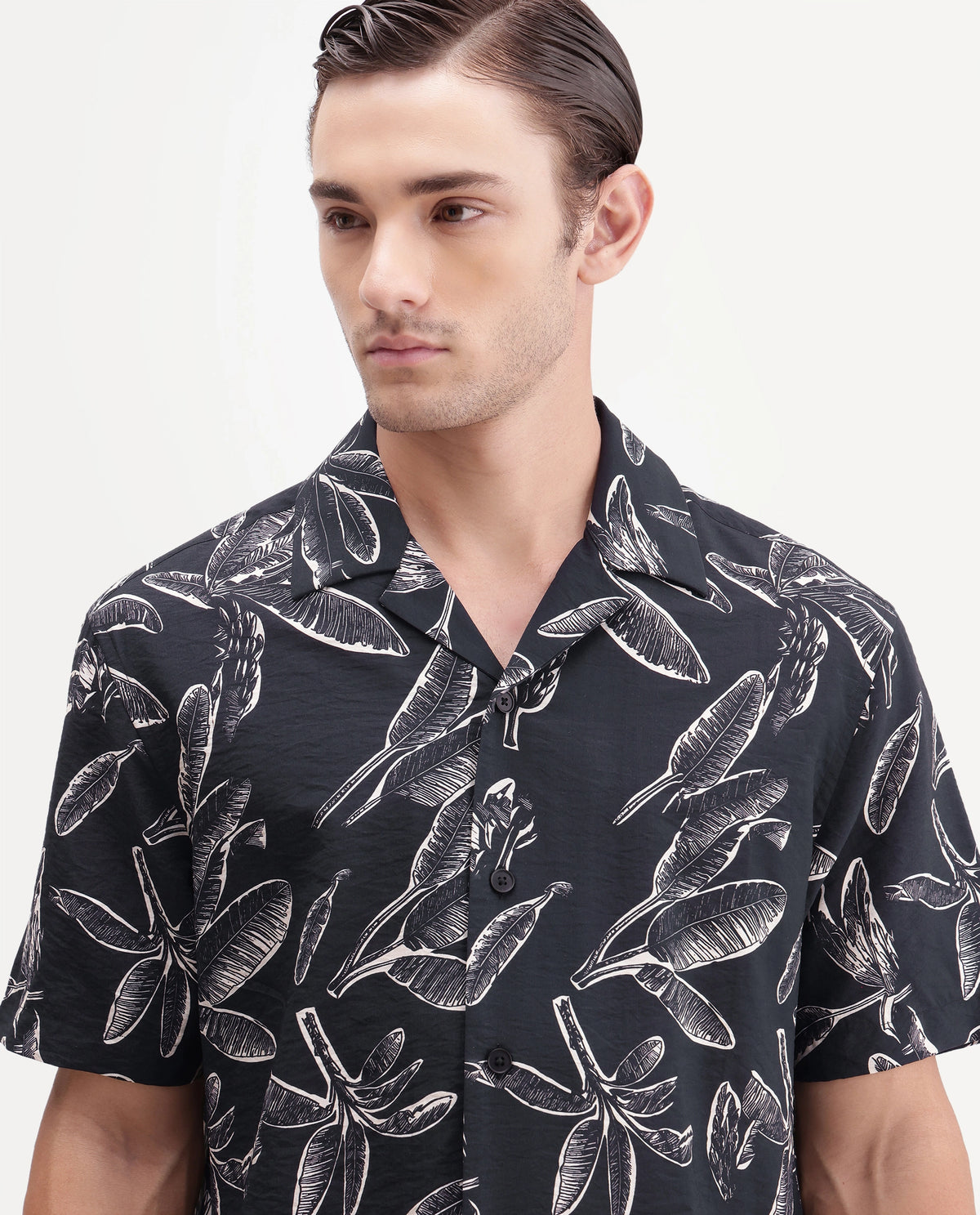 Rare Rabbit Men's Rivan Black Viscose Blend Cuban Collar Button Regular Tropical Print Shirt