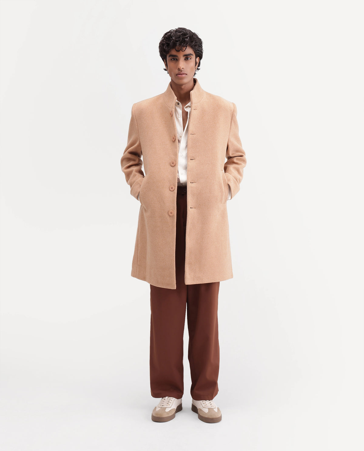 Rare Rabbit Men's Duto Beige Polyester Blend High Neck Button Regular Plain Jacket