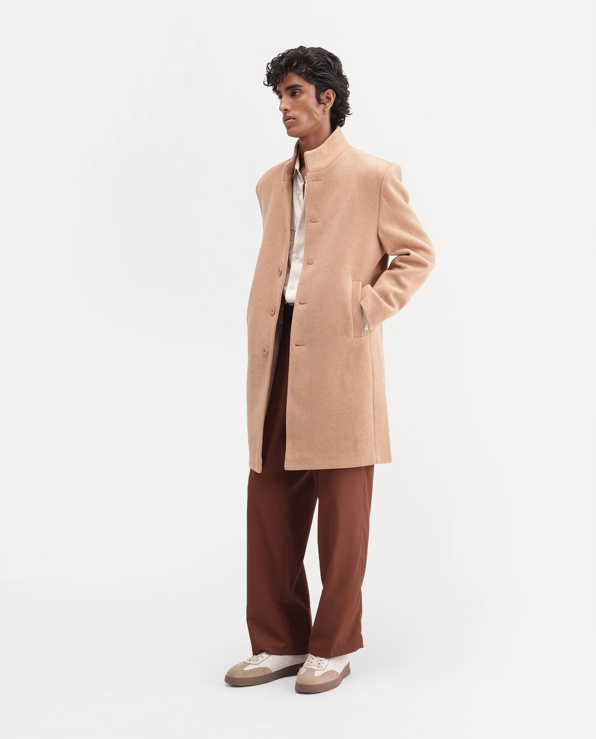 Rare Rabbit Men's Duto Beige Polyester Blend High Neck Button Regular Plain Jacket
