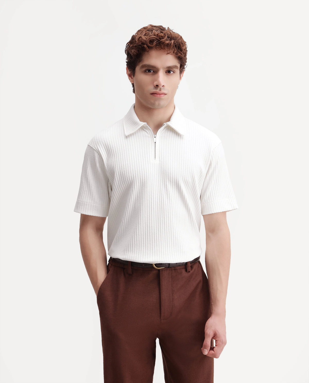 Rare Rabbit Men's Hexx-2 White Cotton Blend Spread Collar Zipper Regular Textured Polo